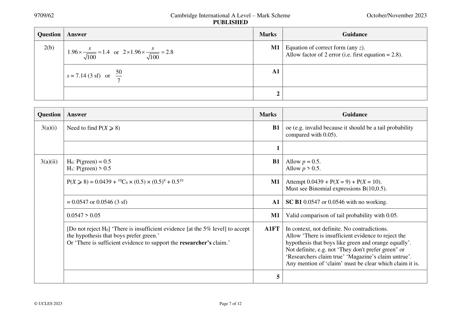 Mark scheme, page 7 of 12