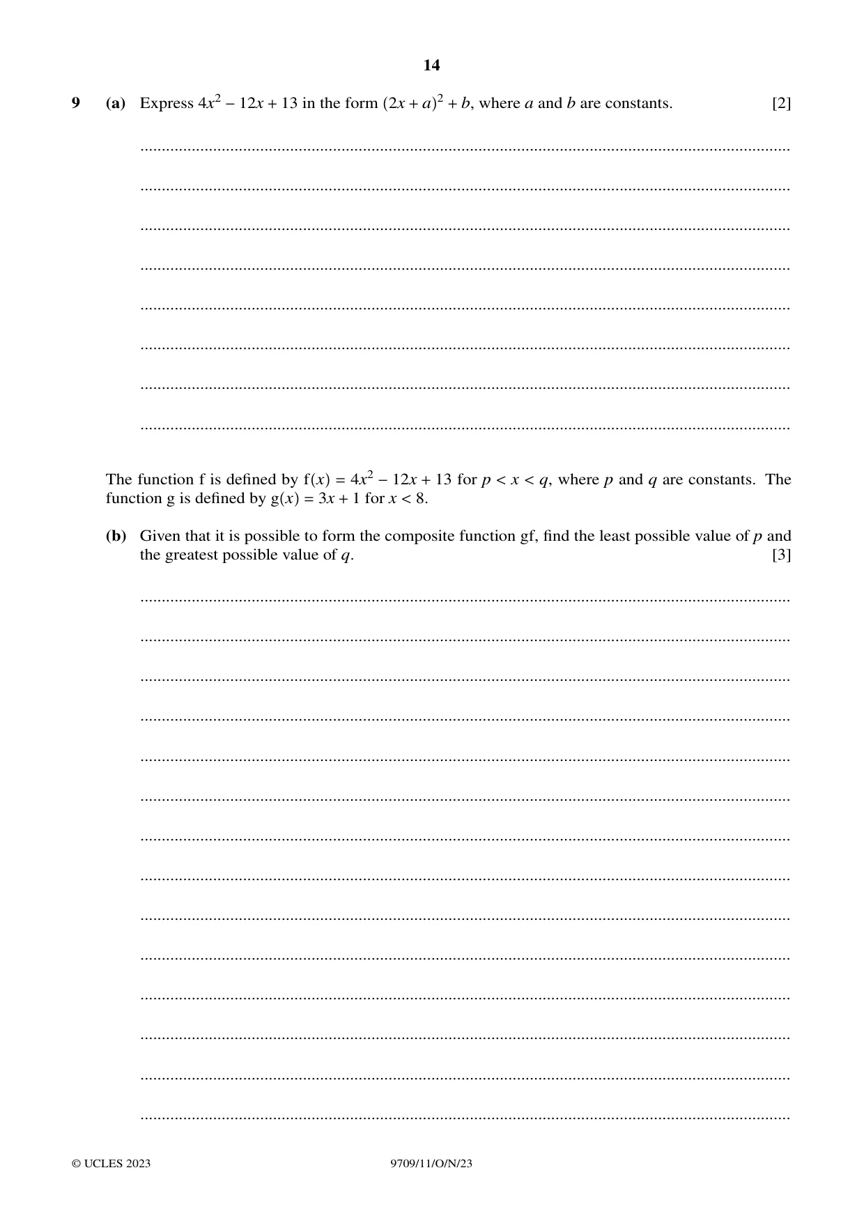 Cambridge A Level Mathematics 9709 2023 Oct/Nov Paper 1 · Variant 1 question paper, page 14 of 20