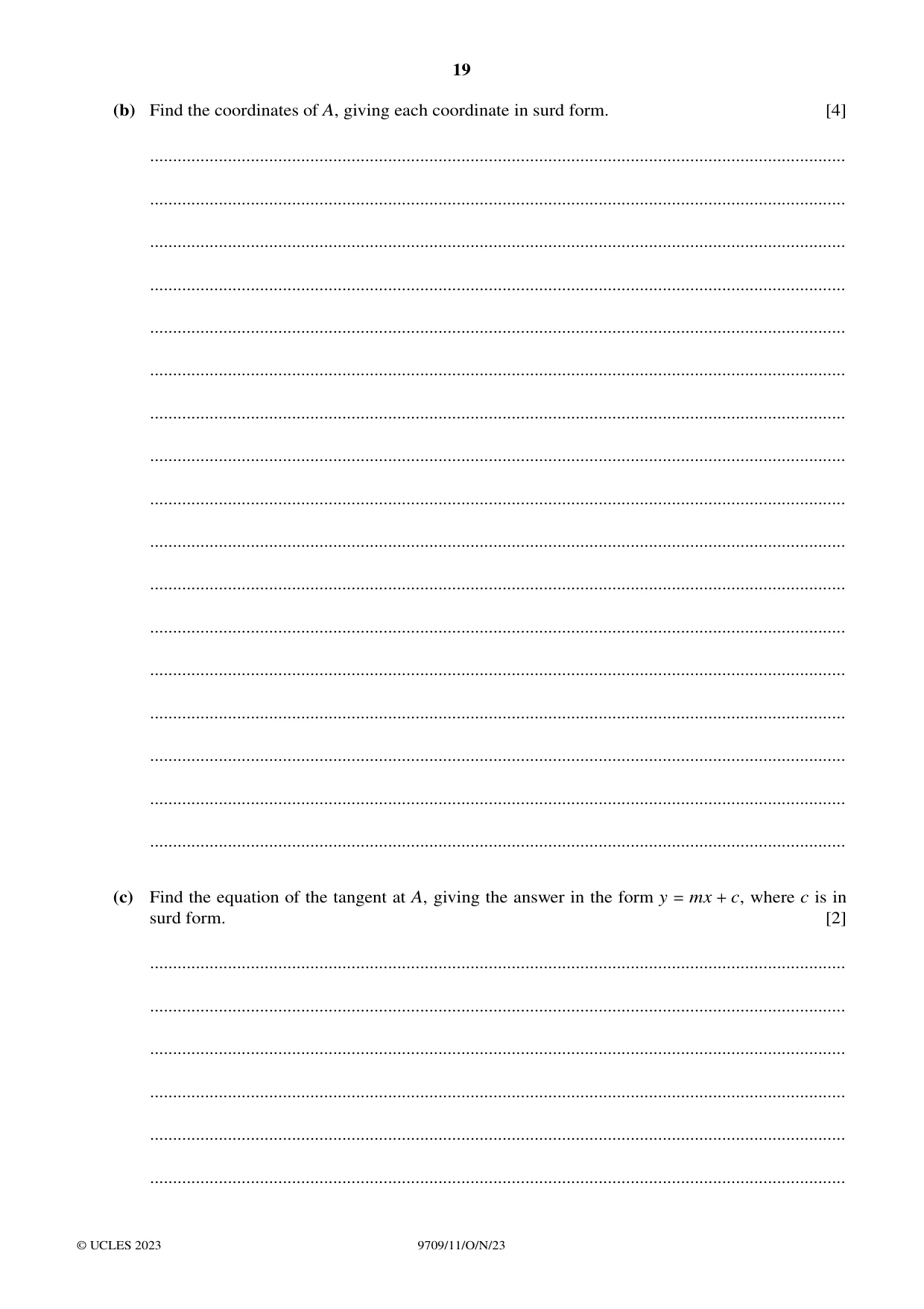 Cambridge A Level Mathematics 9709 2023 Oct/Nov Paper 1 · Variant 1 question paper, page 19 of 20
