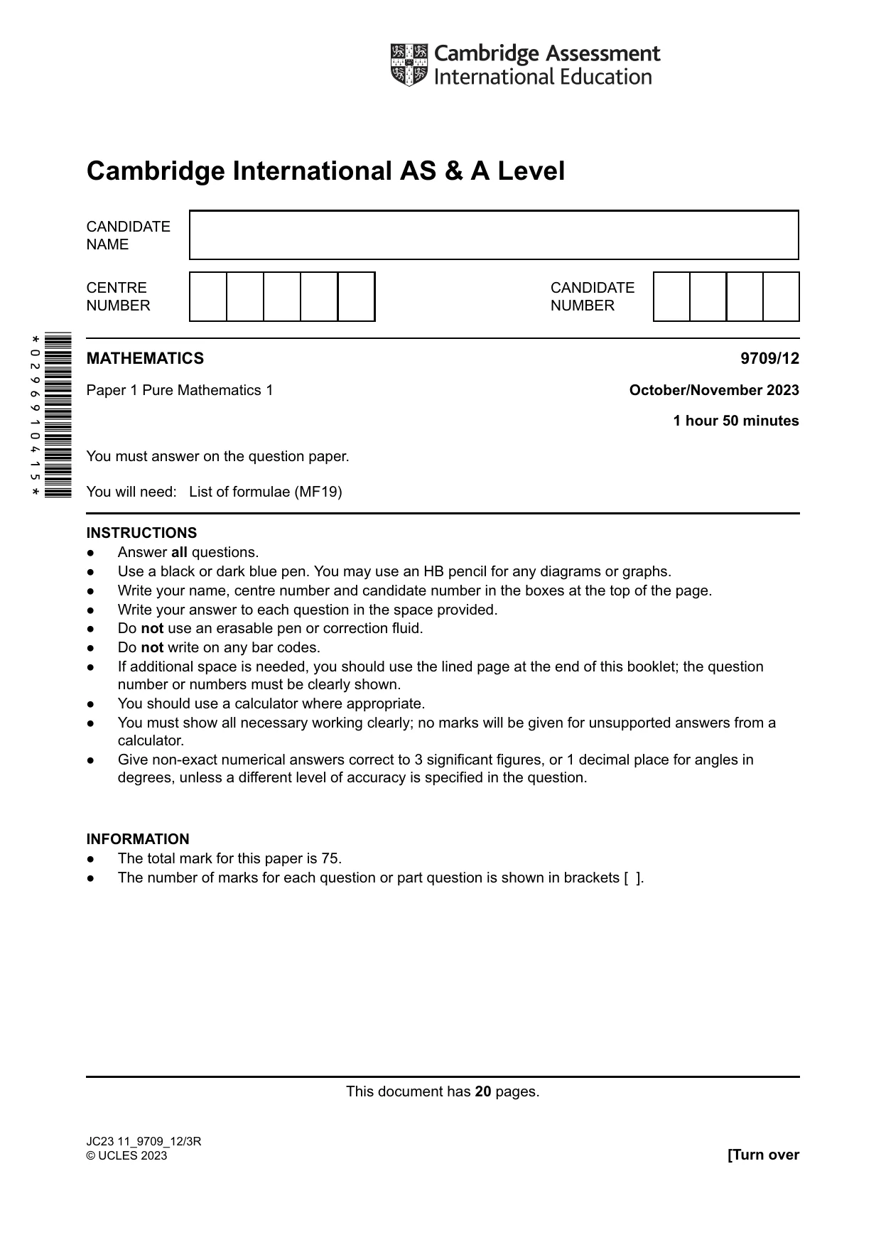 Cambridge A Level Mathematics 9709 2023 Oct/Nov Paper 1 · Variant 2 question paper, page 1 of 20