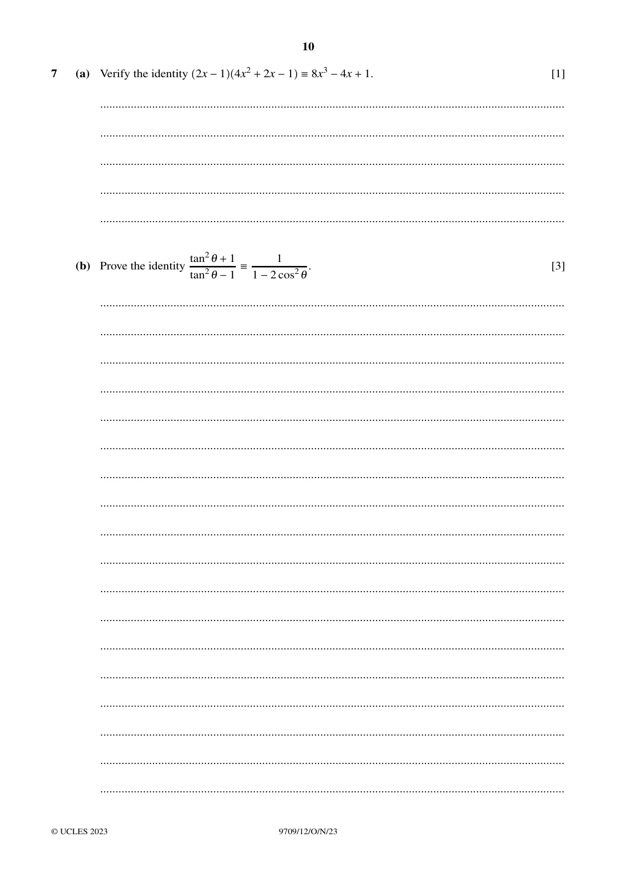 Cambridge A Level Mathematics 9709 2023 Oct/Nov Paper 1 · Variant 2 question paper, page 10 of 20