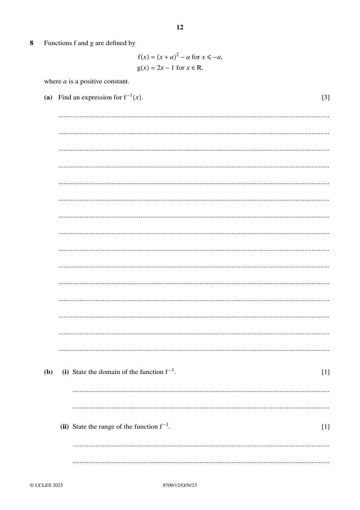 Cambridge A Level Mathematics 9709 2023 Oct/Nov Paper 1 · Variant 2 question paper, page 12 of 20