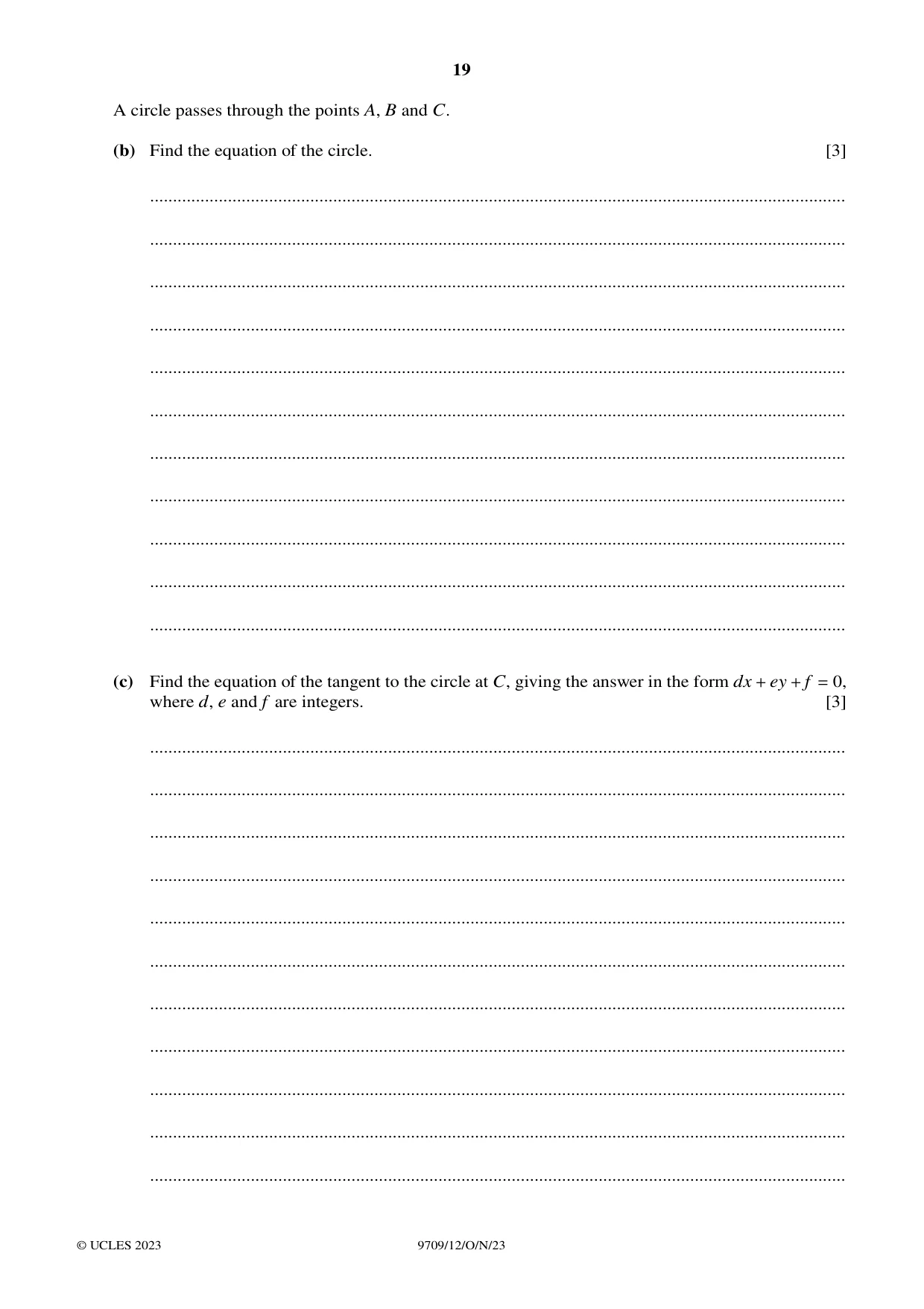 Cambridge A Level Mathematics 9709 2023 Oct/Nov Paper 1 · Variant 2 question paper, page 19 of 20