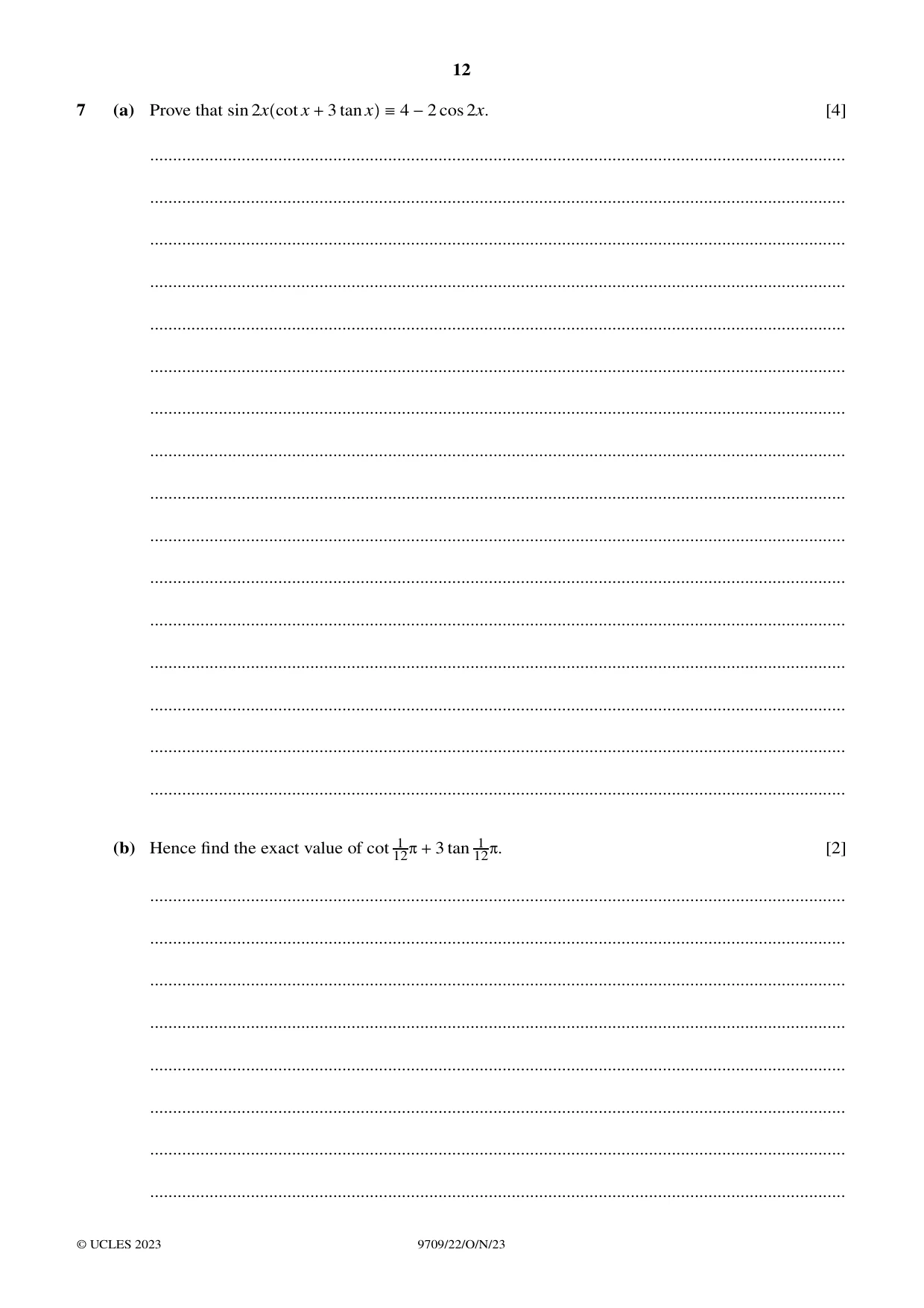 Cambridge A Level Mathematics 9709 2023 Oct/Nov Paper 2 · Variant 2 question paper, page 12 of 16
