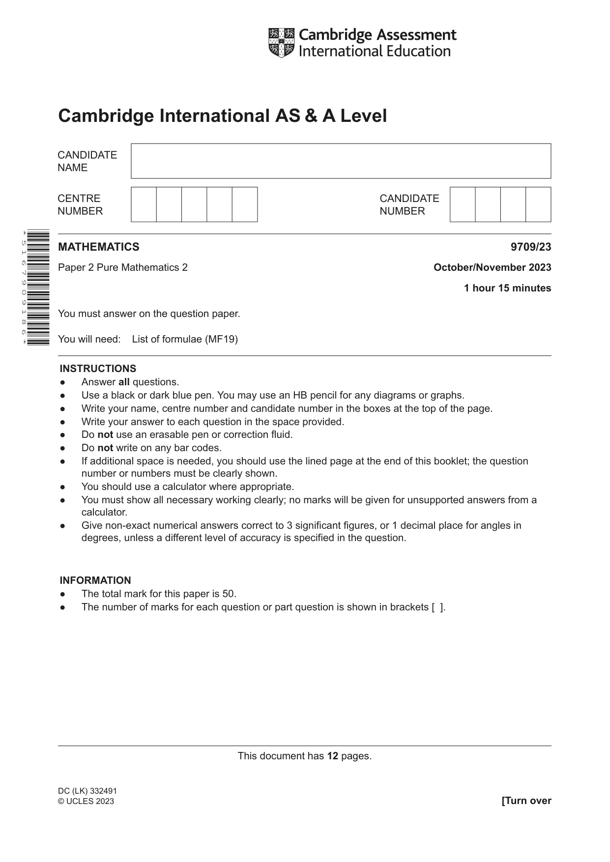 Cambridge A Level Mathematics 9709 2023 Oct/Nov Paper 2 · Variant 3 question paper, page 1 of 12