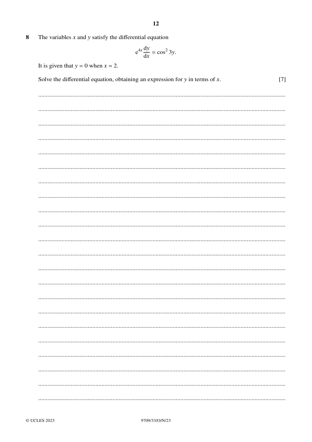 Cambridge A Level Mathematics 9709 2023 Oct/Nov Paper 3 · Variant 3 question paper, page 12 of 20