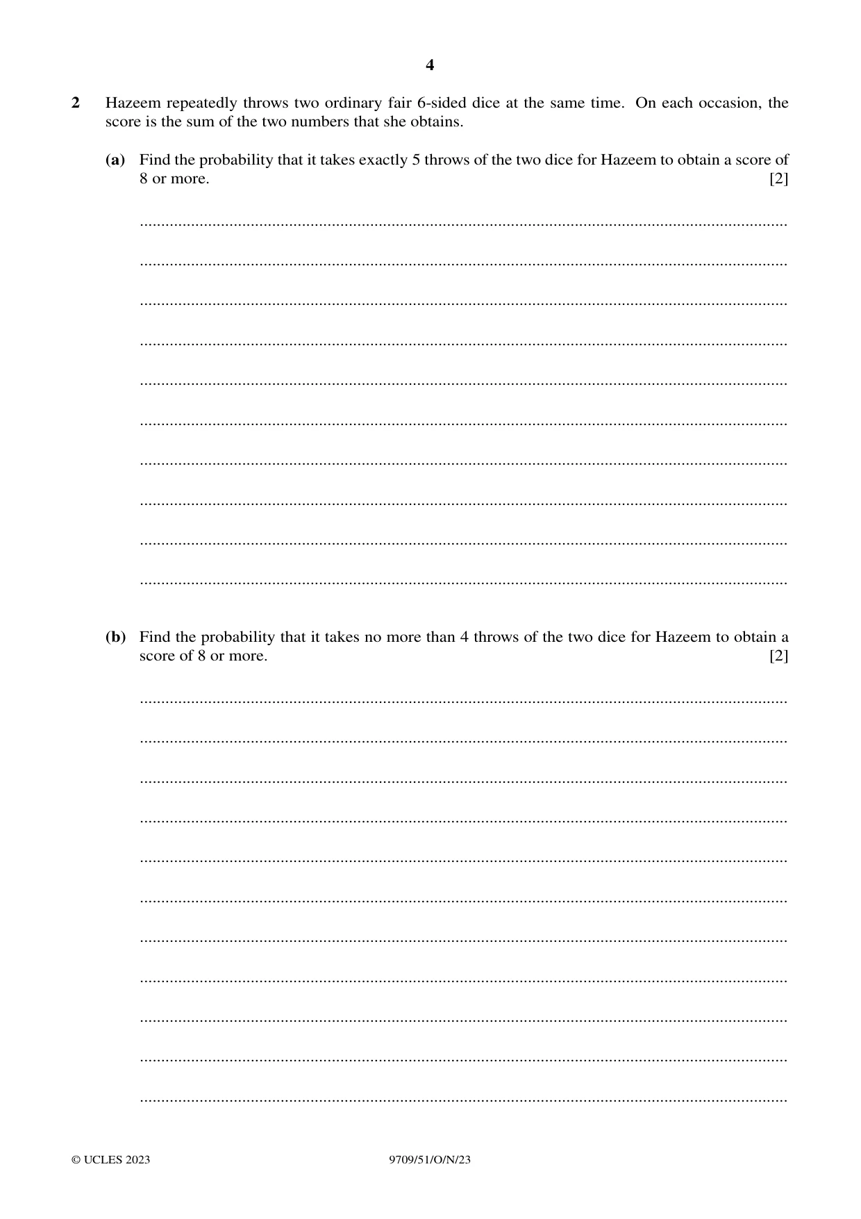 Cambridge A Level Mathematics 9709 2023 Oct/Nov Paper 5 · Variant 1 question paper, page 4 of 16