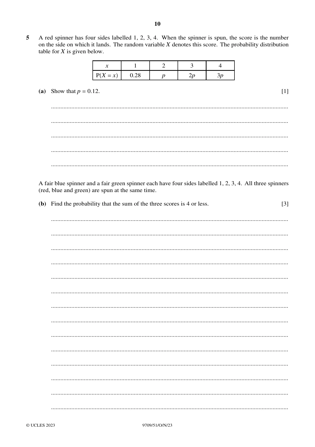 Cambridge A Level Mathematics 9709 2023 Oct/Nov Paper 5 · Variant 1 question paper, page 10 of 16