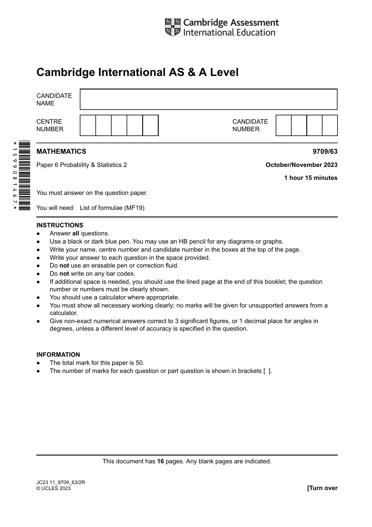 Cambridge A Level Mathematics 9709 2023 Oct/Nov Paper 6 · Variant 3 question paper, page 1 of 16