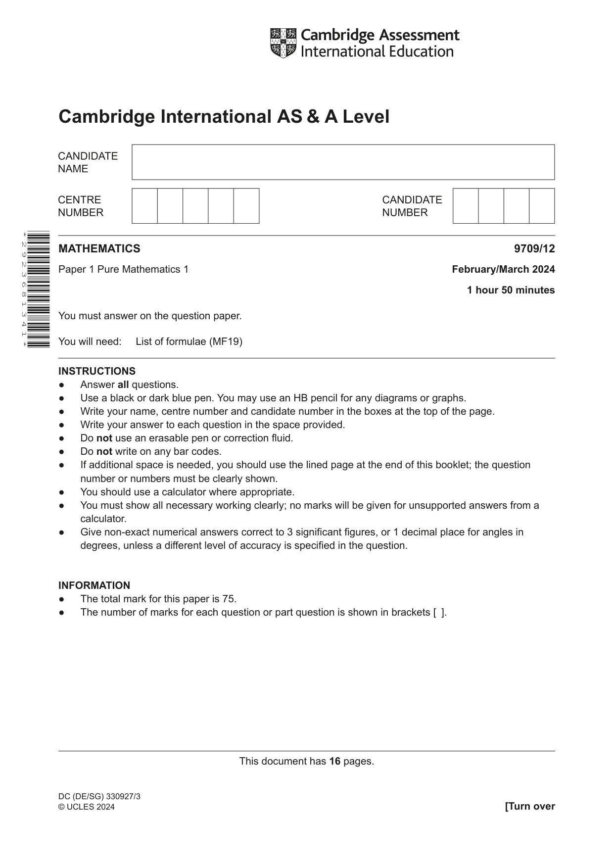 Cambridge A Level Mathematics 9709 2024 Feb/March Paper 1 · Variant 2 question paper, page 1 of 16