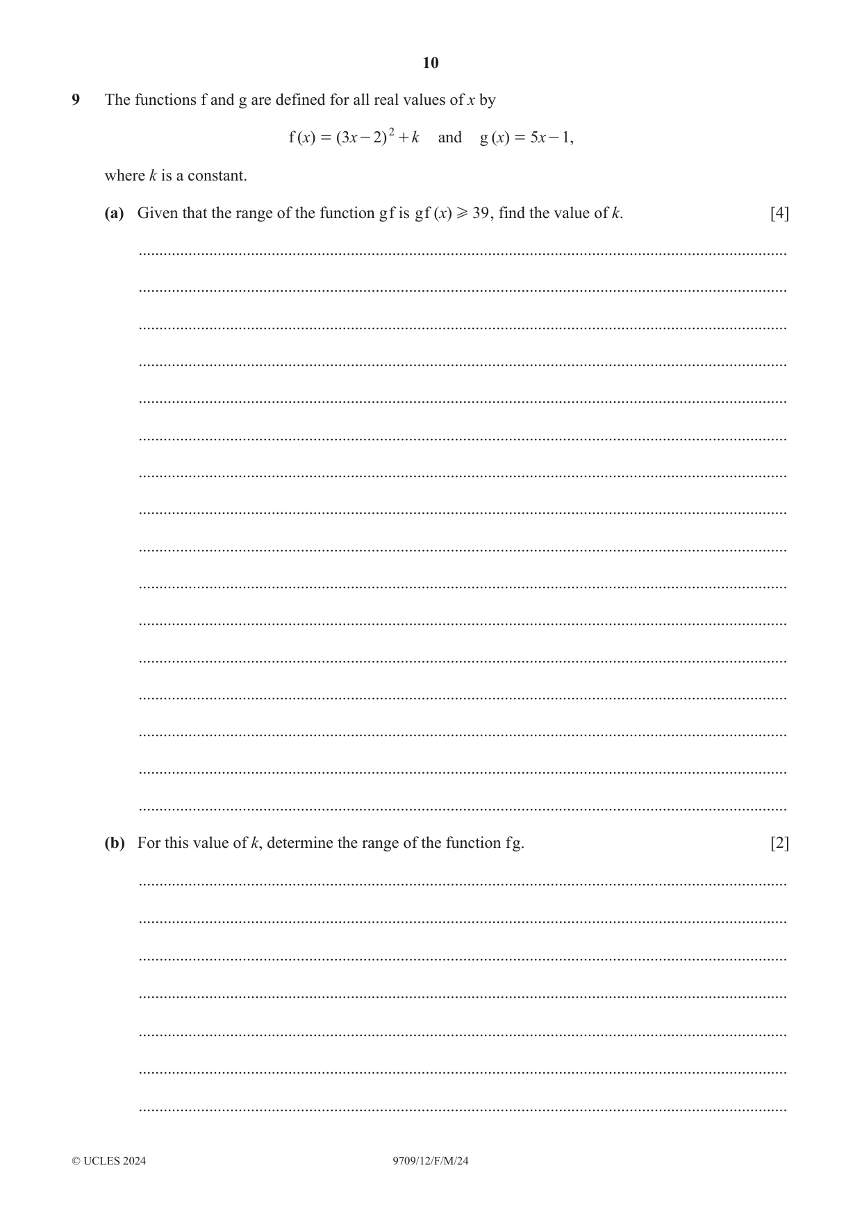 Cambridge A Level Mathematics 9709 2024 Feb/March Paper 1 · Variant 2 question paper, page 10 of 16