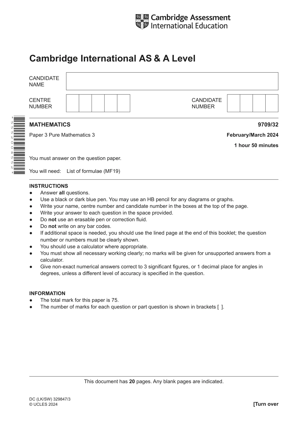 Cambridge A Level Mathematics 9709 2024 Feb/March Paper 3 · Variant 2 question paper, page 1 of 20