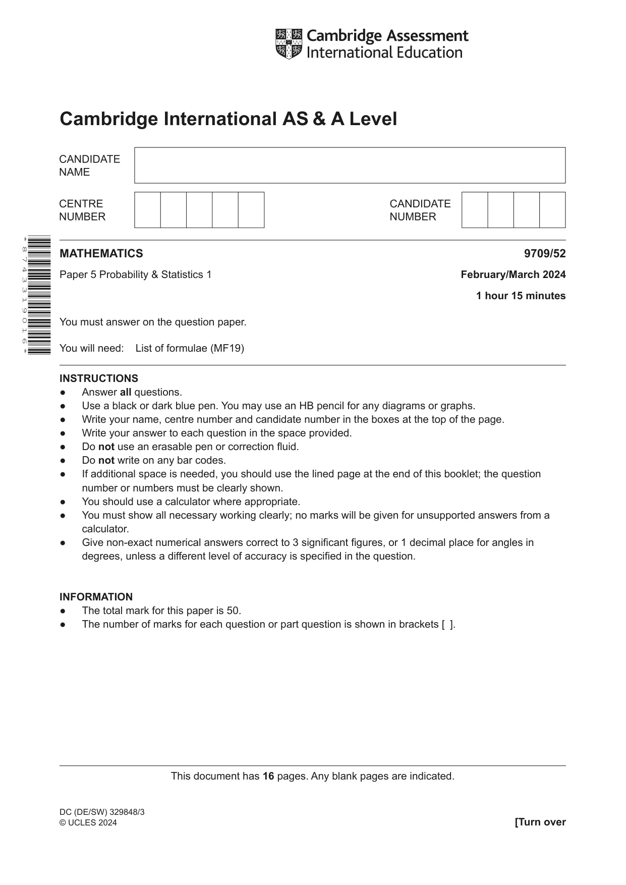 Cambridge A Level Mathematics 9709 2024 Feb/March Paper 5 · Variant 2 question paper, page 1 of 16
