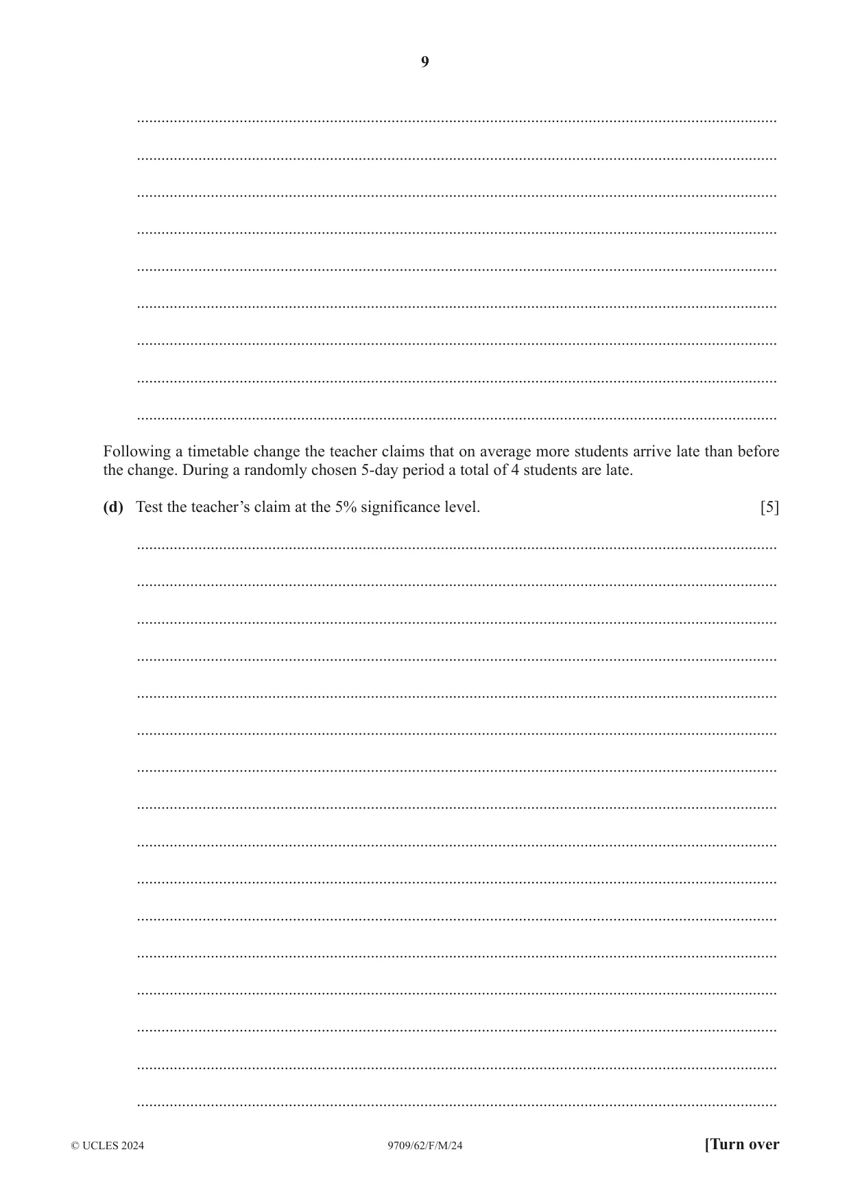Cambridge A Level Mathematics 9709 2024 Feb/March Paper 6 · Variant 2 question paper, page 9 of 16