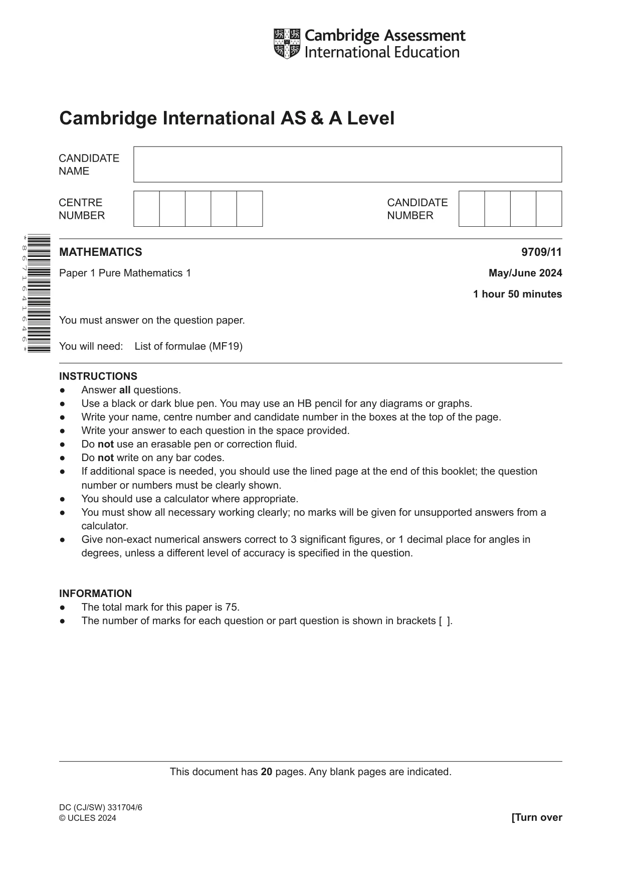 Cambridge A Level Mathematics 9709 2024 May/June Paper 1 · Variant 1 question paper, page 1 of 20