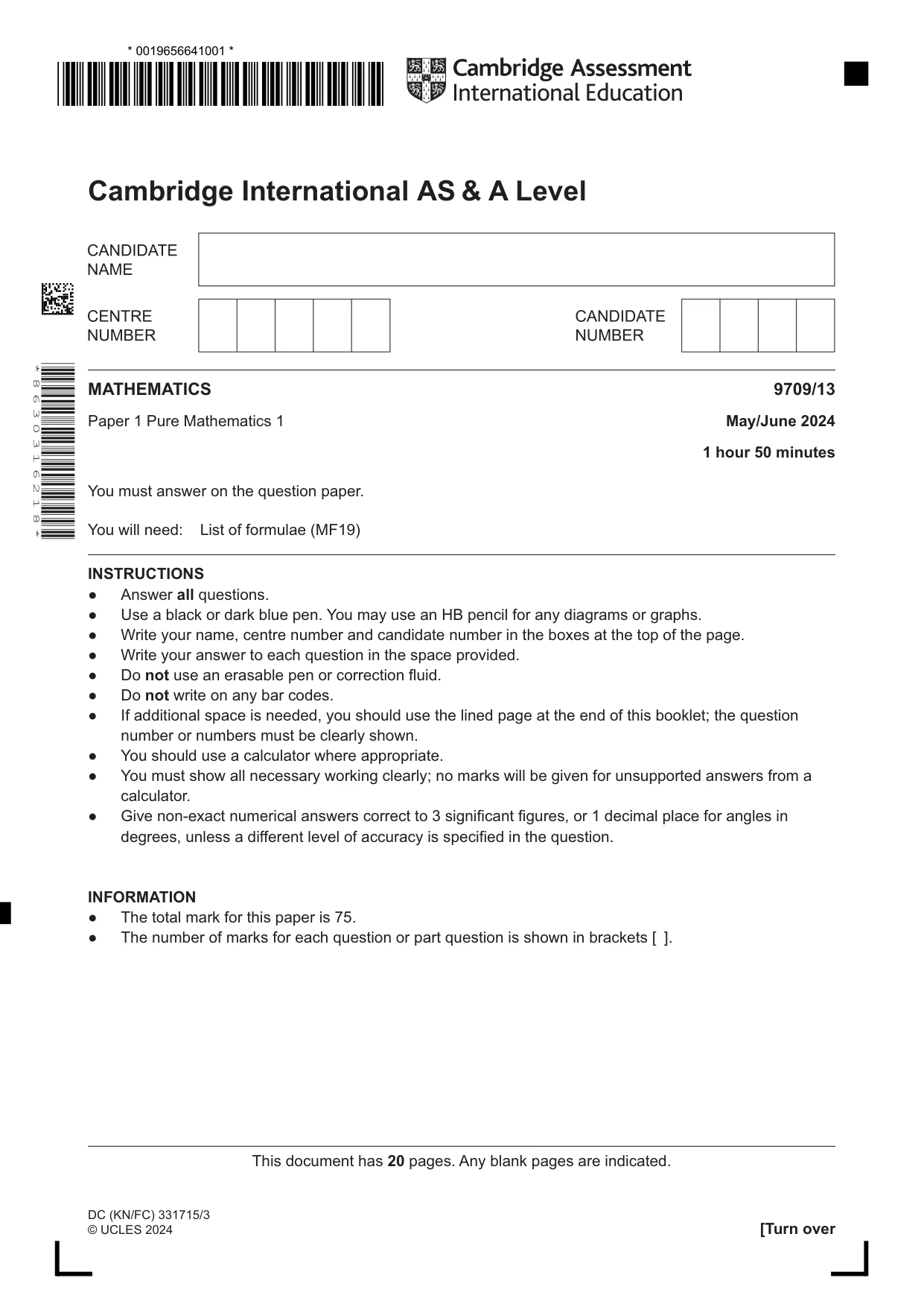 Cambridge A Level Mathematics 9709 2024 May/June Paper 1 · Variant 3 question paper, page 1 of 20