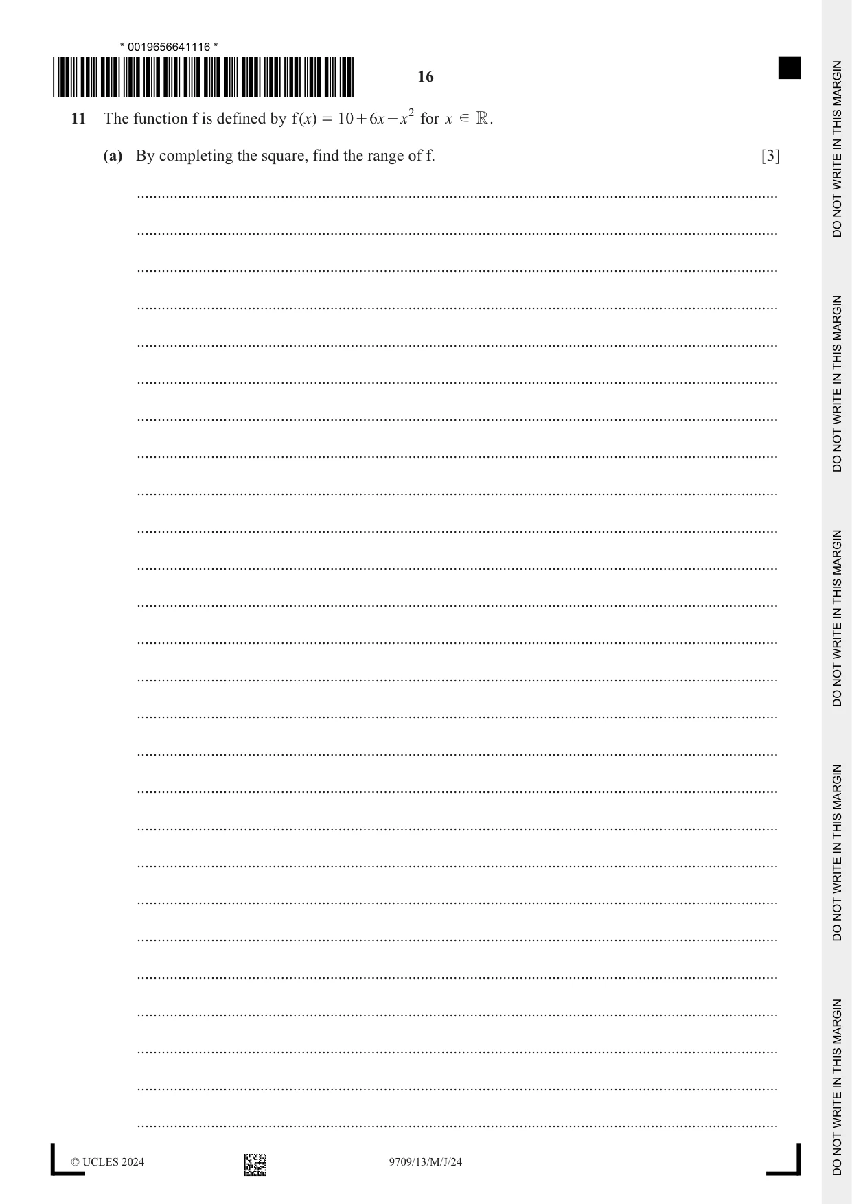 Cambridge A Level Mathematics 9709 2024 May/June Paper 1 · Variant 3 question paper, page 16 of 20