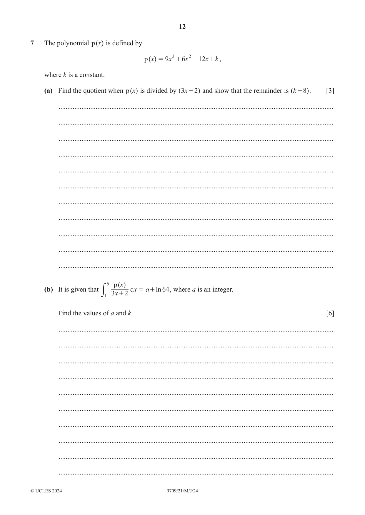 Cambridge A Level Mathematics 9709 2024 May/June Paper 2 · Variant 1 question paper, page 12 of 16