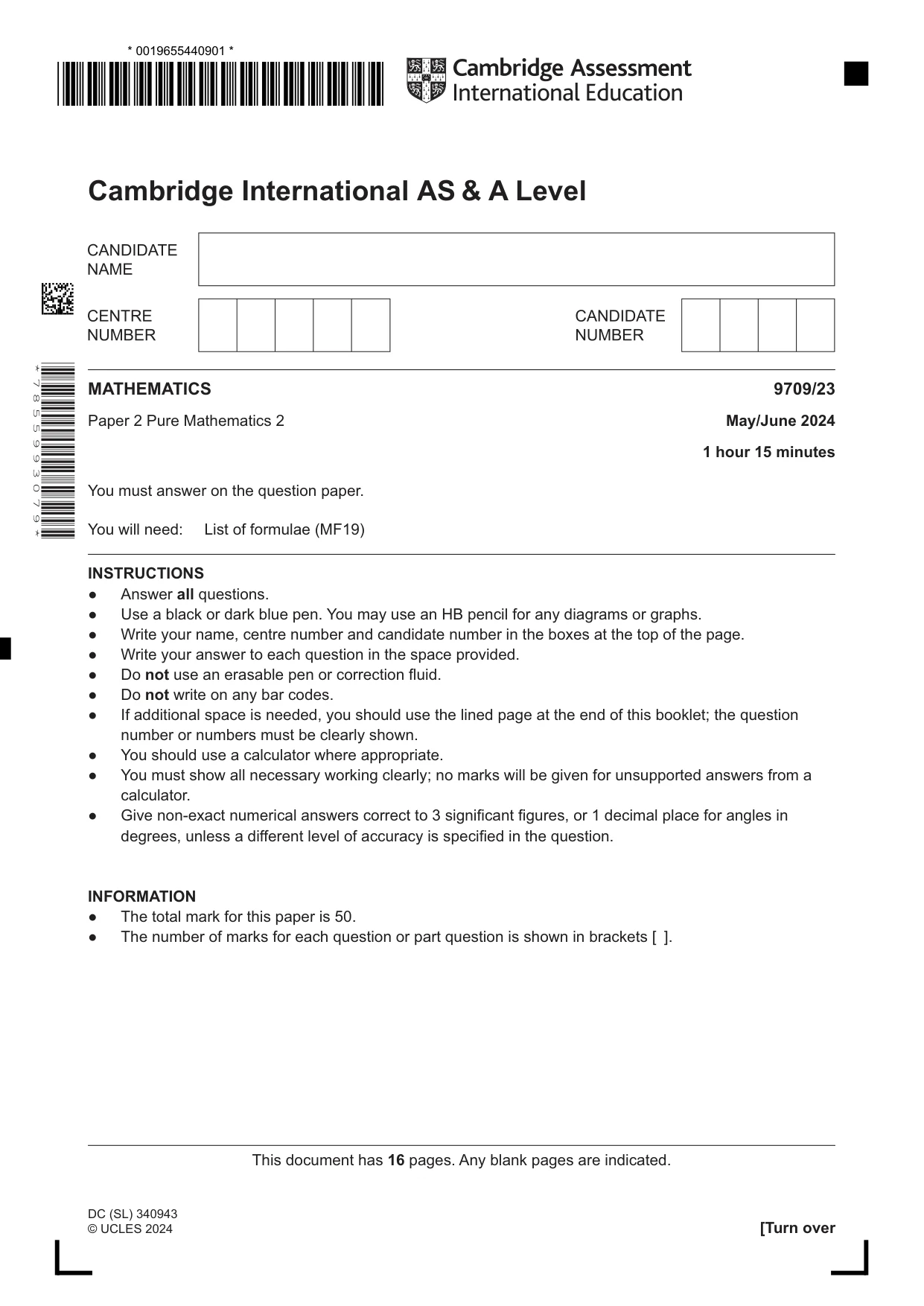 Cambridge A Level Mathematics 9709 2024 May/June Paper 2 · Variant 3 question paper, page 1 of 16
