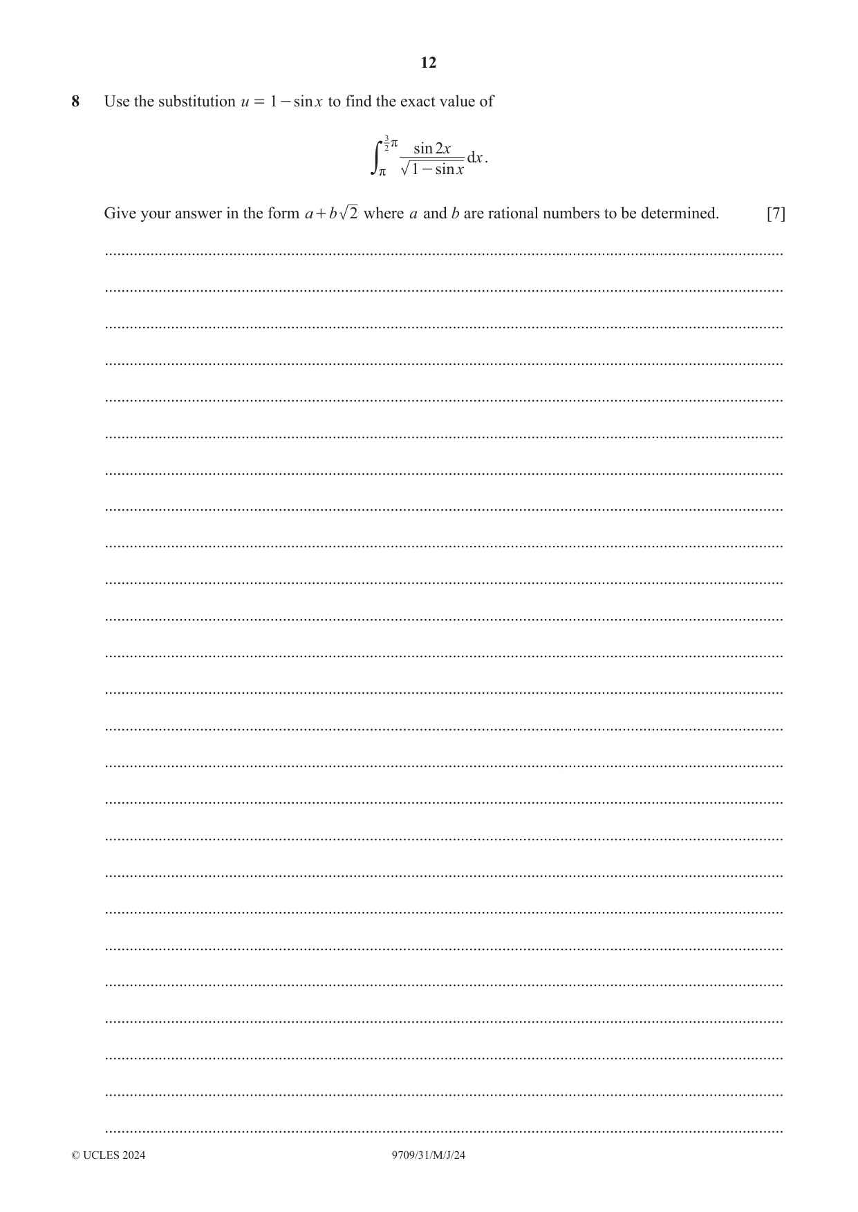 Cambridge A Level Mathematics 9709 2024 May/June Paper 3 · Variant 1 question paper, page 12 of 20