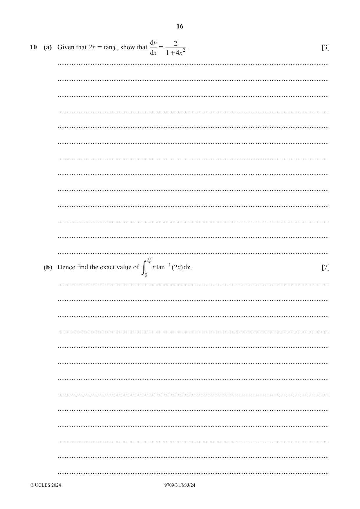 Cambridge A Level Mathematics 9709 2024 May/June Paper 3 · Variant 1 question paper, page 16 of 20