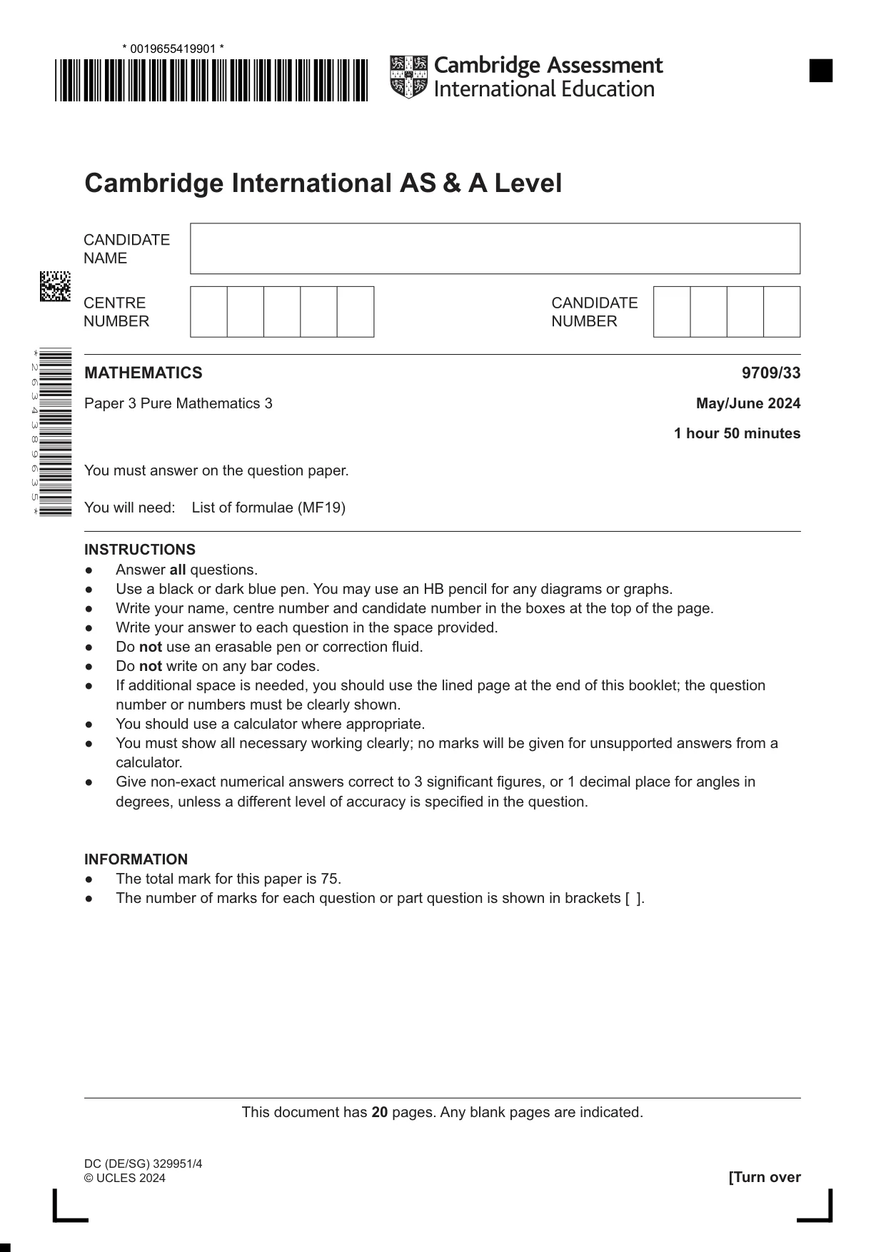 Cambridge A Level Mathematics 9709 2024 May/June Paper 3 · Variant 3 question paper, page 1 of 20