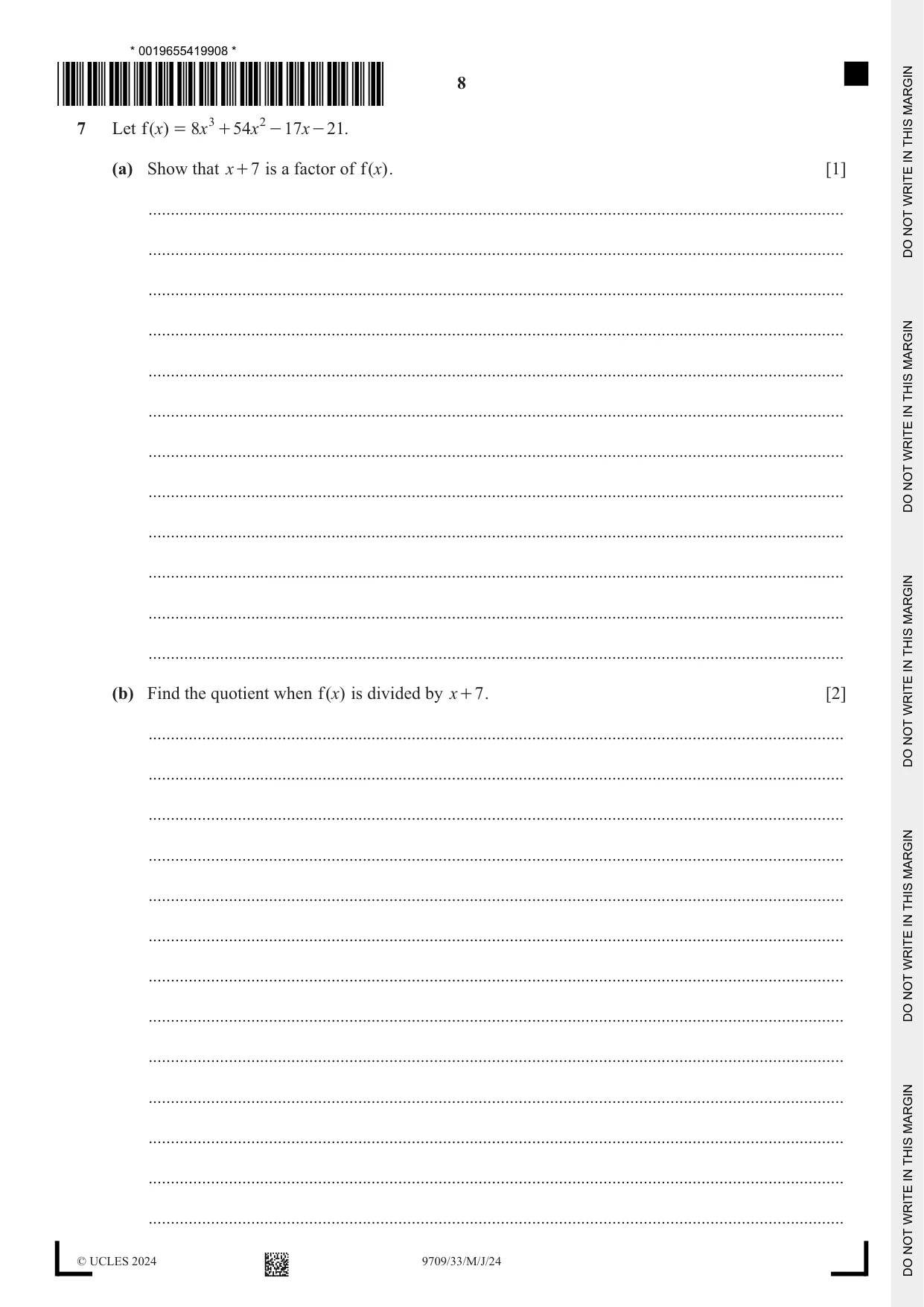 Cambridge A Level Mathematics 9709 2024 May/June Paper 3 · Variant 3 question paper, page 8 of 20