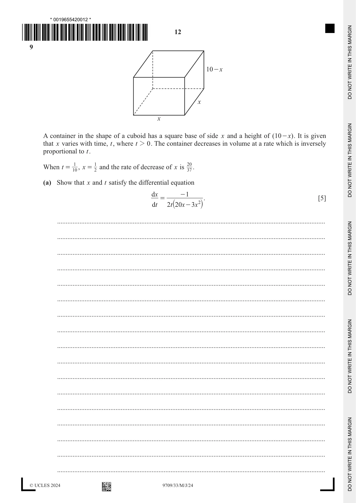 Cambridge A Level Mathematics 9709 2024 May/June Paper 3 · Variant 3 question paper, page 12 of 20