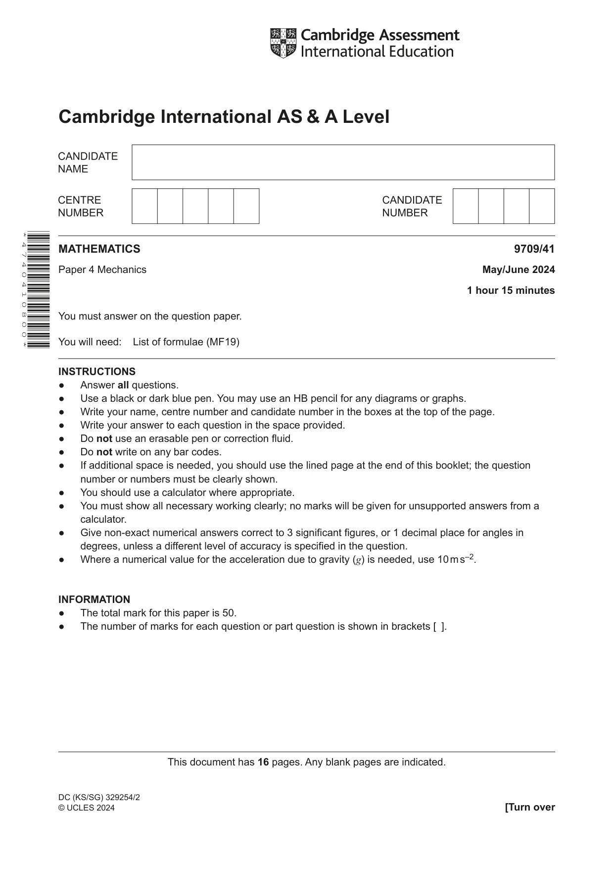 Cambridge A Level Mathematics 9709 2024 May/June Paper 4 · Variant 1 question paper, page 1 of 16