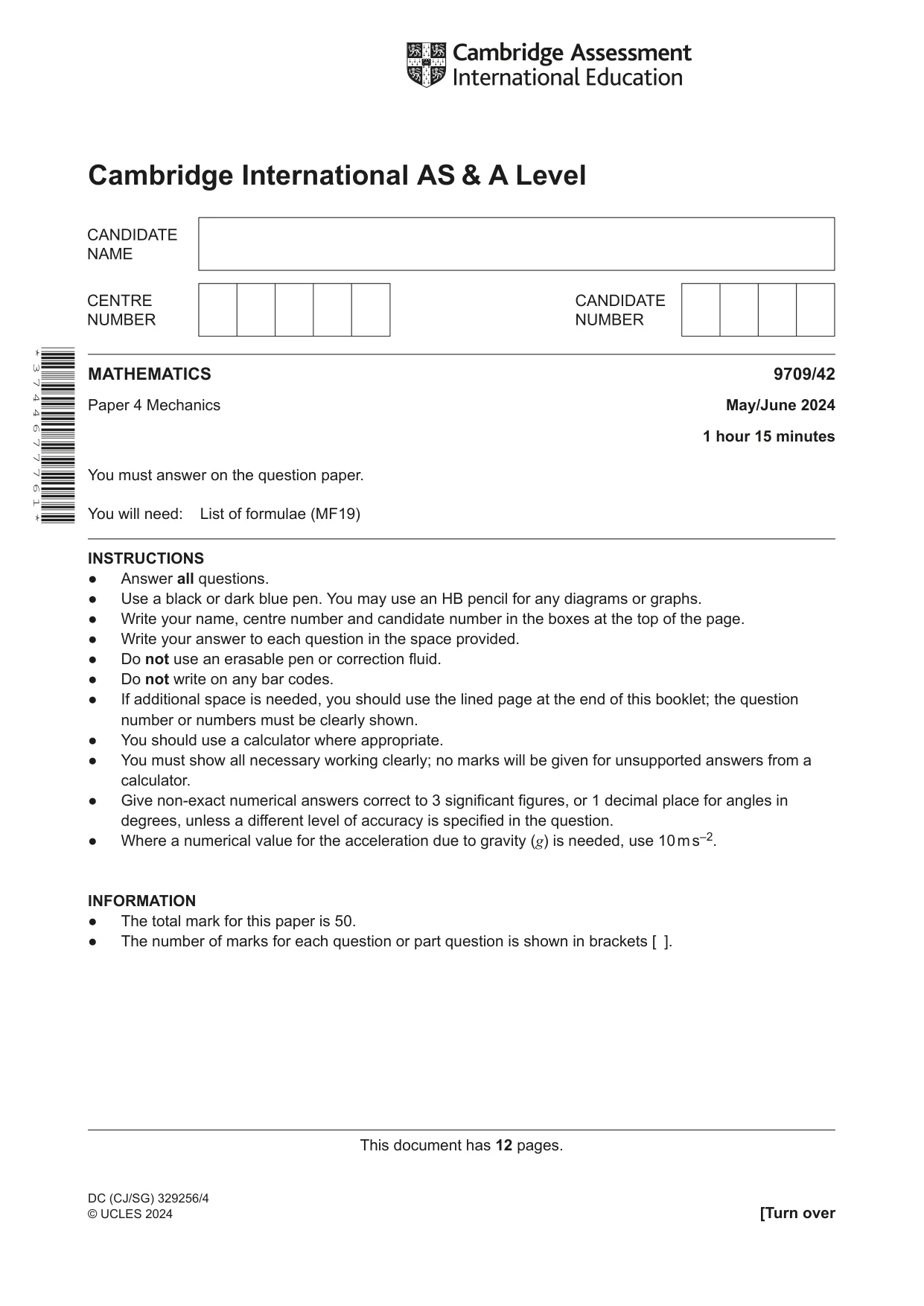 Cambridge A Level Mathematics 9709 2024 May/June Paper 4 · Variant 2 question paper, page 1 of 12