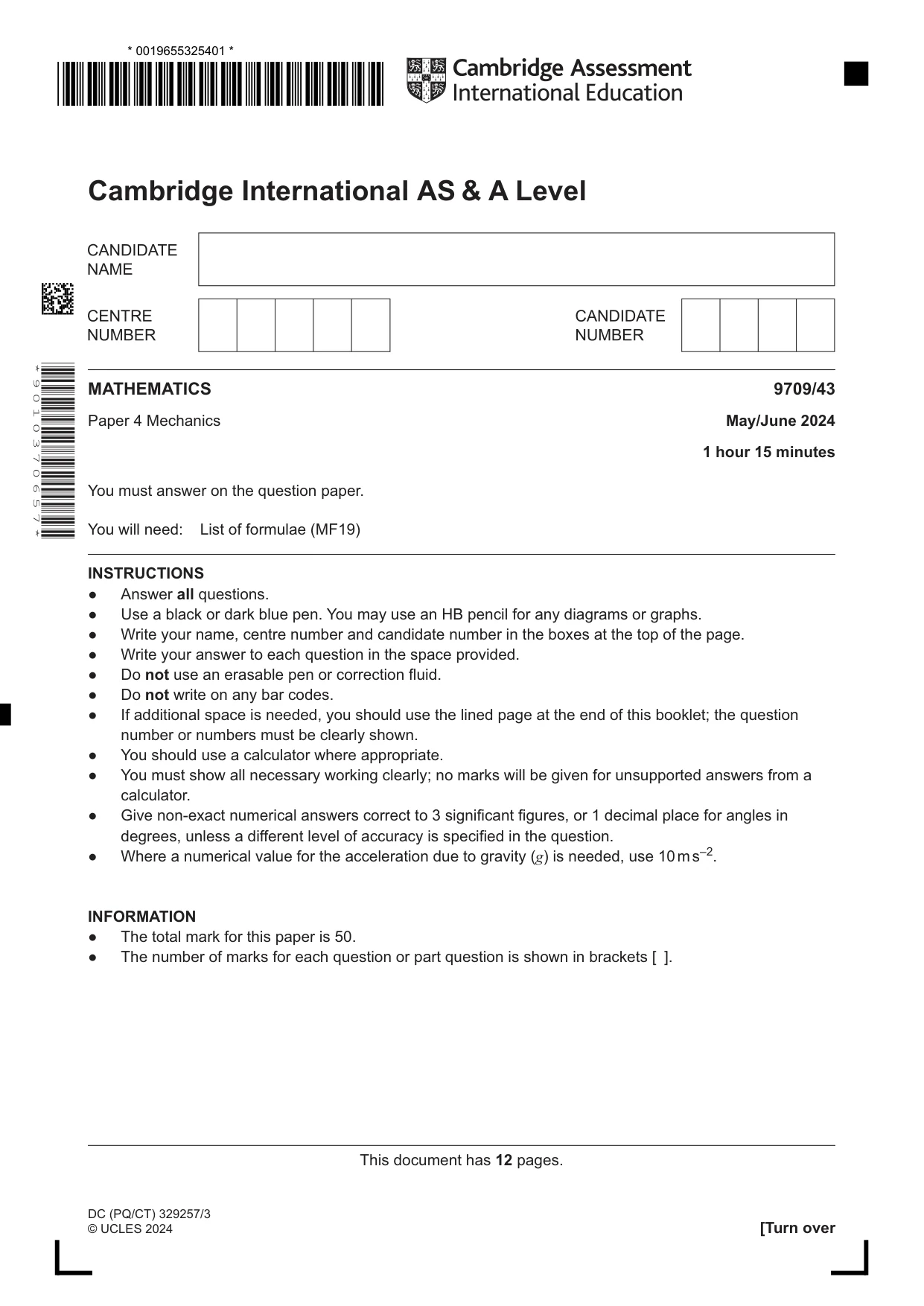 Cambridge A Level Mathematics 9709 2024 May/June Paper 4 · Variant 3 question paper, page 1 of 12
