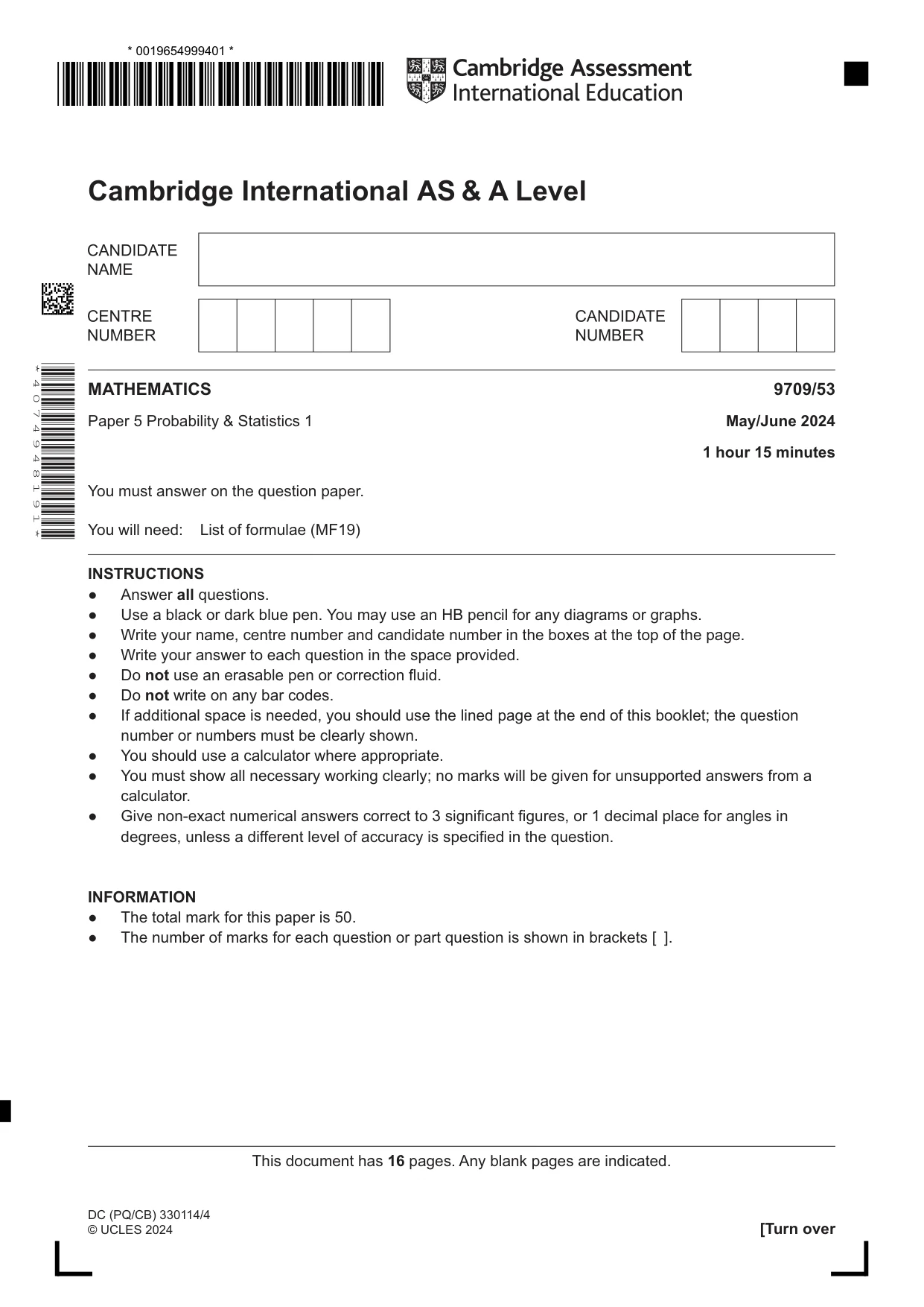 Cambridge A Level Mathematics 9709 2024 May/June Paper 5 · Variant 3 question paper, page 1 of 16