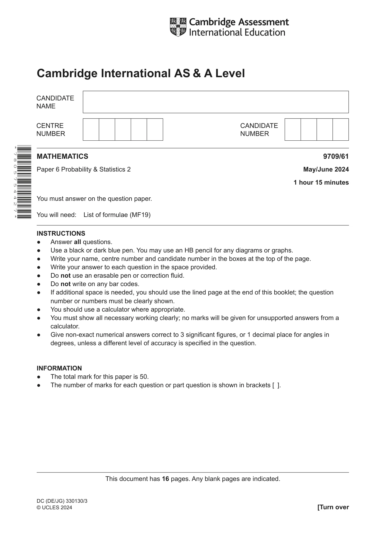 Cambridge A Level Mathematics 9709 2024 May/June Paper 6 · Variant 1 question paper, page 1 of 16