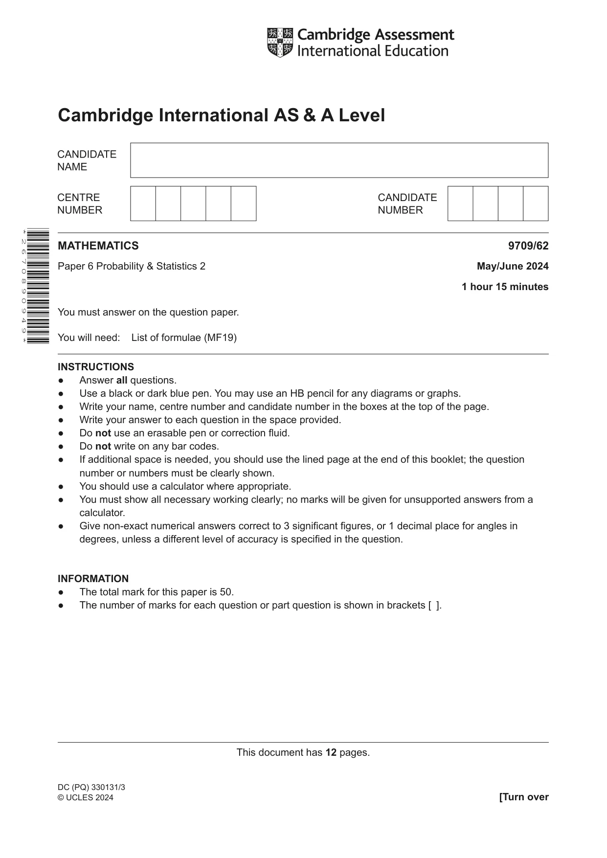 Cambridge A Level Mathematics 9709 2024 May/June Paper 6 · Variant 2 question paper, page 1 of 12
