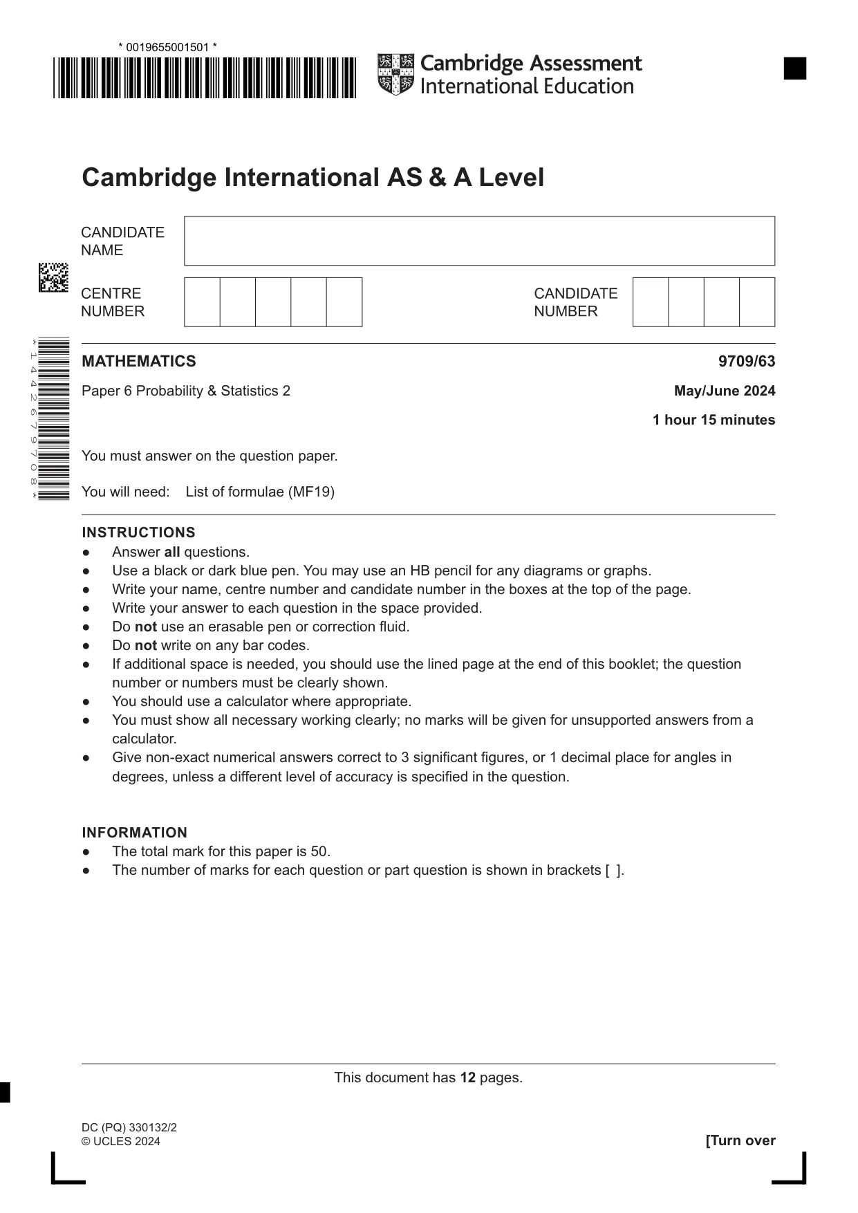 Cambridge A Level Mathematics 9709 2024 May/June Paper 6 · Variant 3 question paper, page 1 of 12