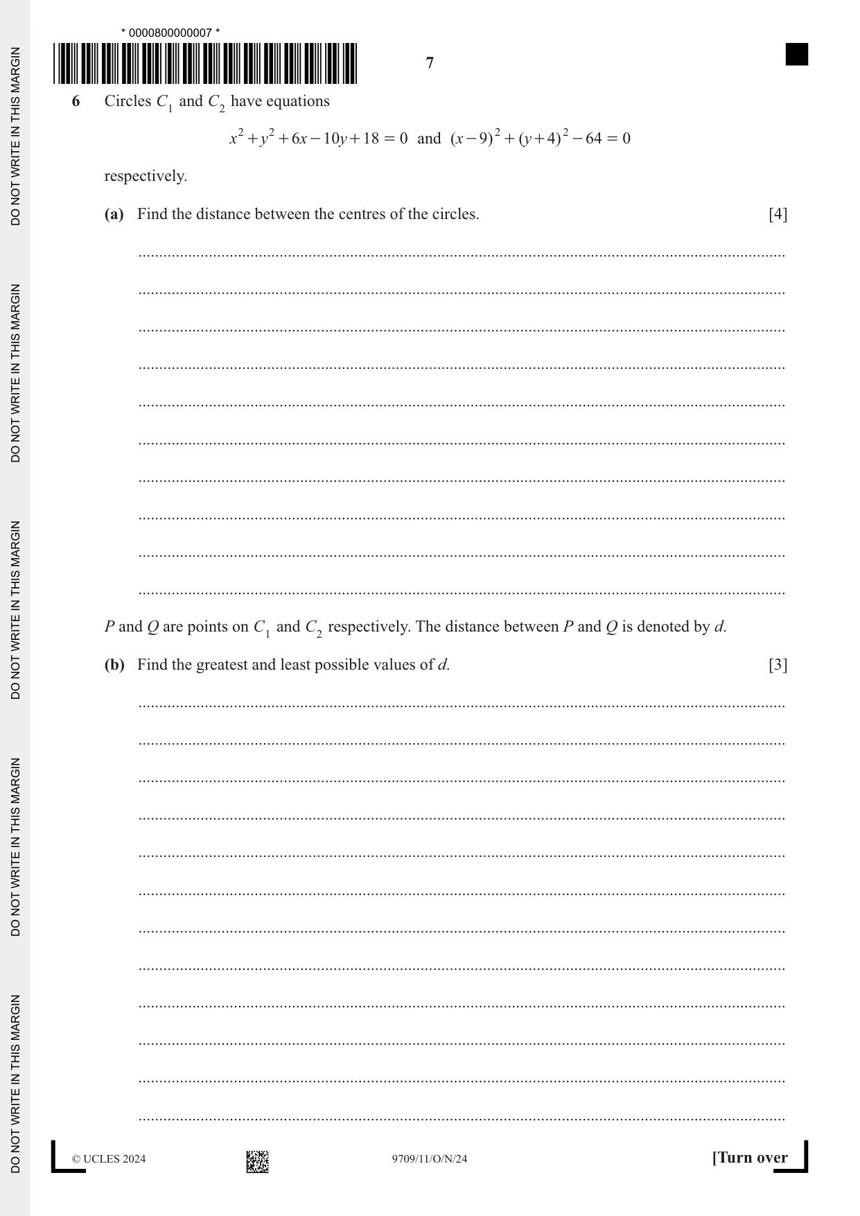 Cambridge A Level Mathematics 9709 2024 Oct/Nov Paper 1 · Variant 1 question paper, page 7 of 20