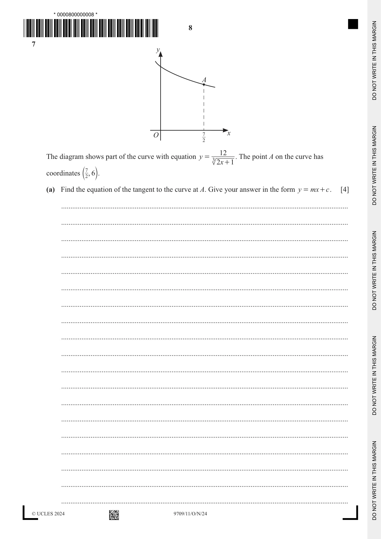 Cambridge A Level Mathematics 9709 2024 Oct/Nov Paper 1 · Variant 1 question paper, page 8 of 20