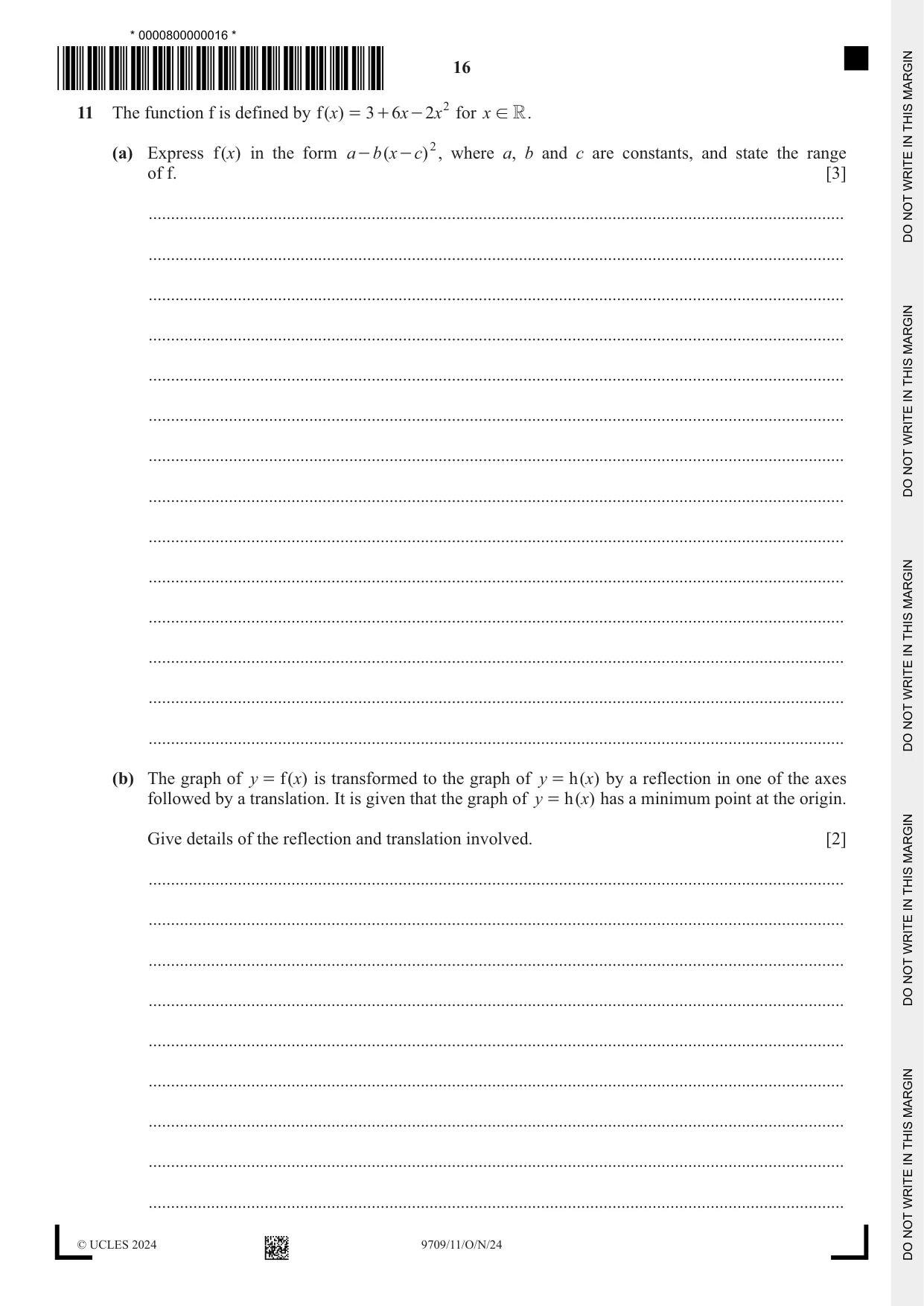 Cambridge A Level Mathematics 9709 2024 Oct/Nov Paper 1 · Variant 1 question paper, page 16 of 20