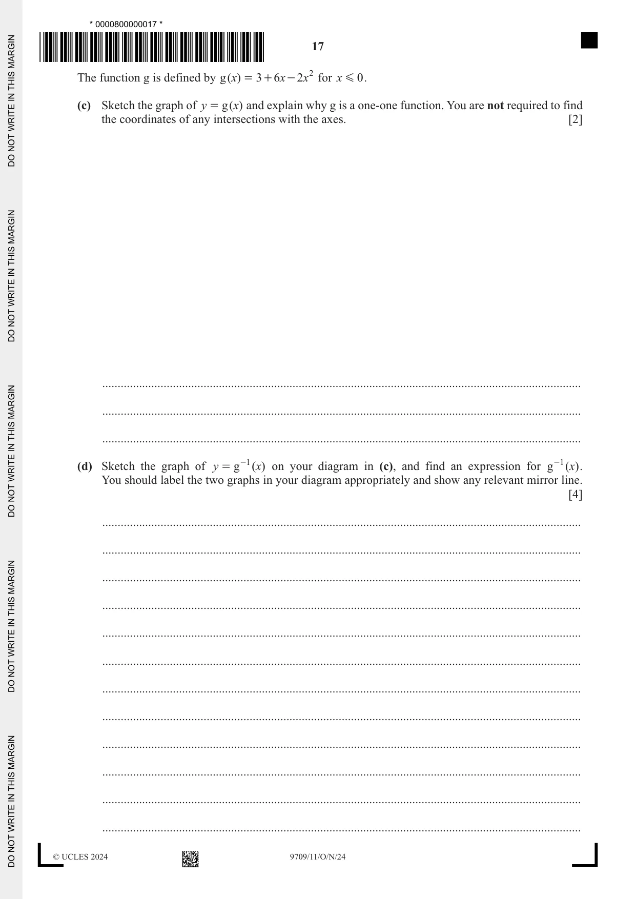 Cambridge A Level Mathematics 9709 2024 Oct/Nov Paper 1 · Variant 1 question paper, page 17 of 20