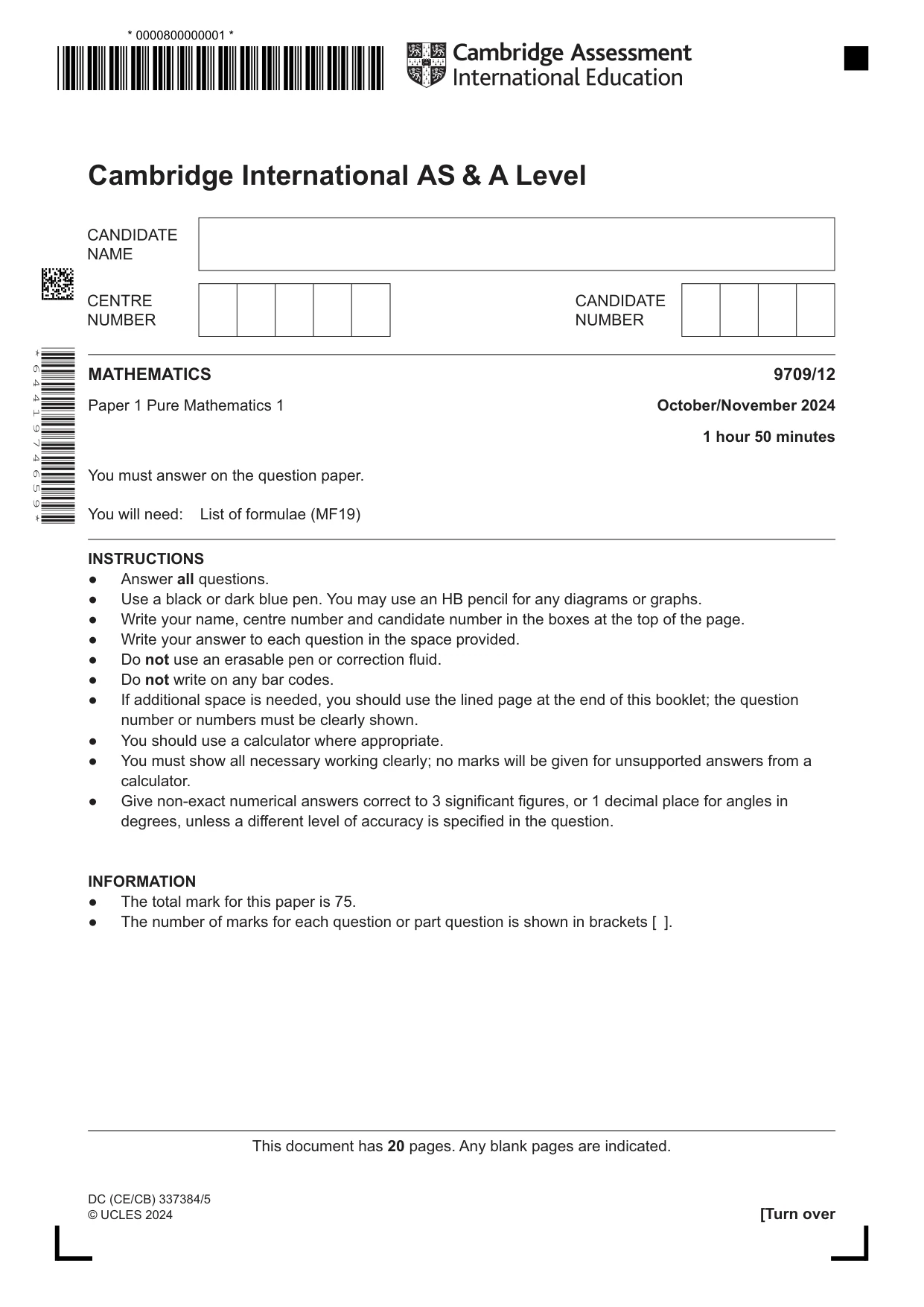 Cambridge A Level Mathematics 9709 2024 Oct/Nov Paper 1 · Variant 2 question paper, page 1 of 20