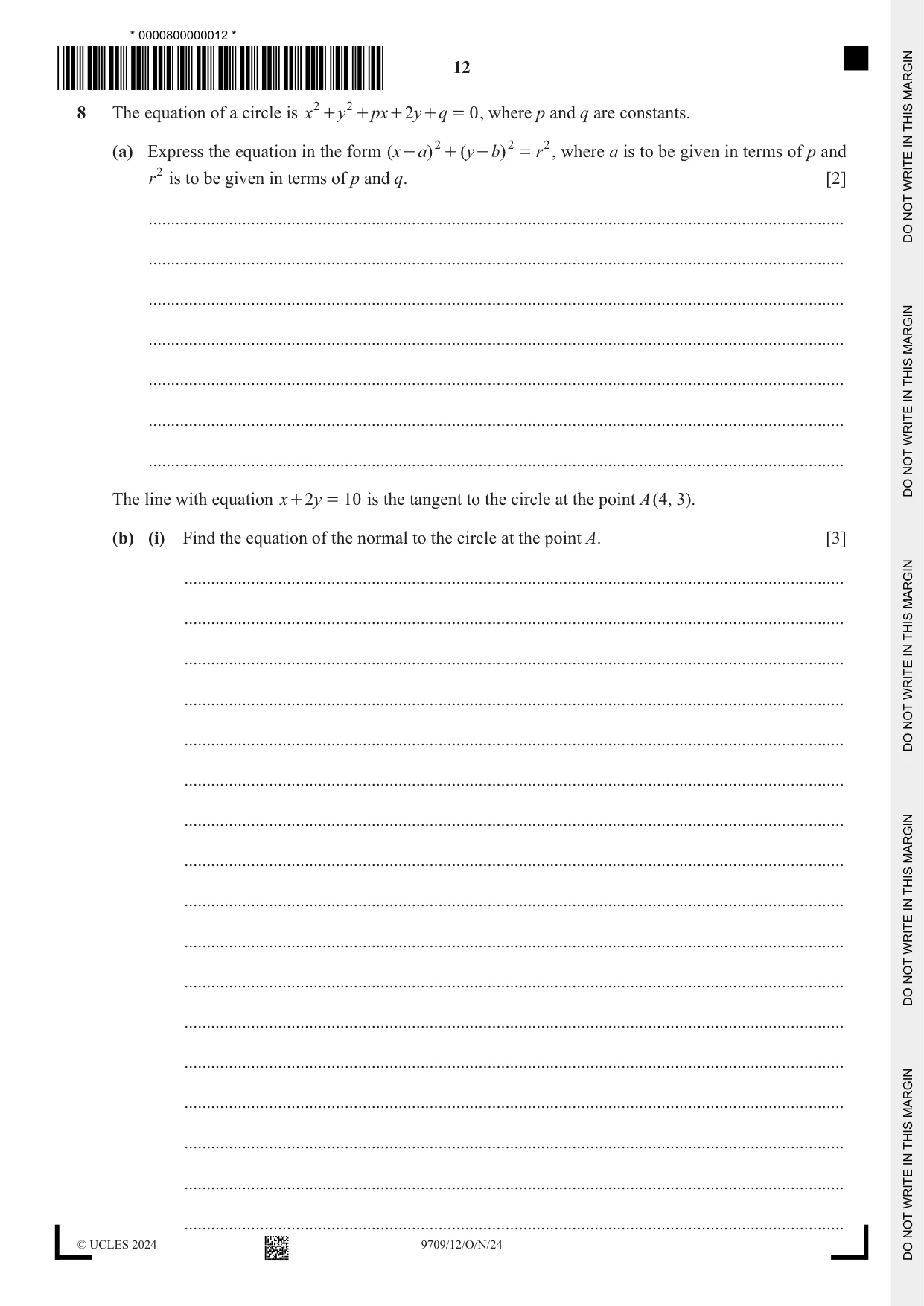 Cambridge A Level Mathematics 9709 2024 Oct/Nov Paper 1 · Variant 2 question paper, page 12 of 20