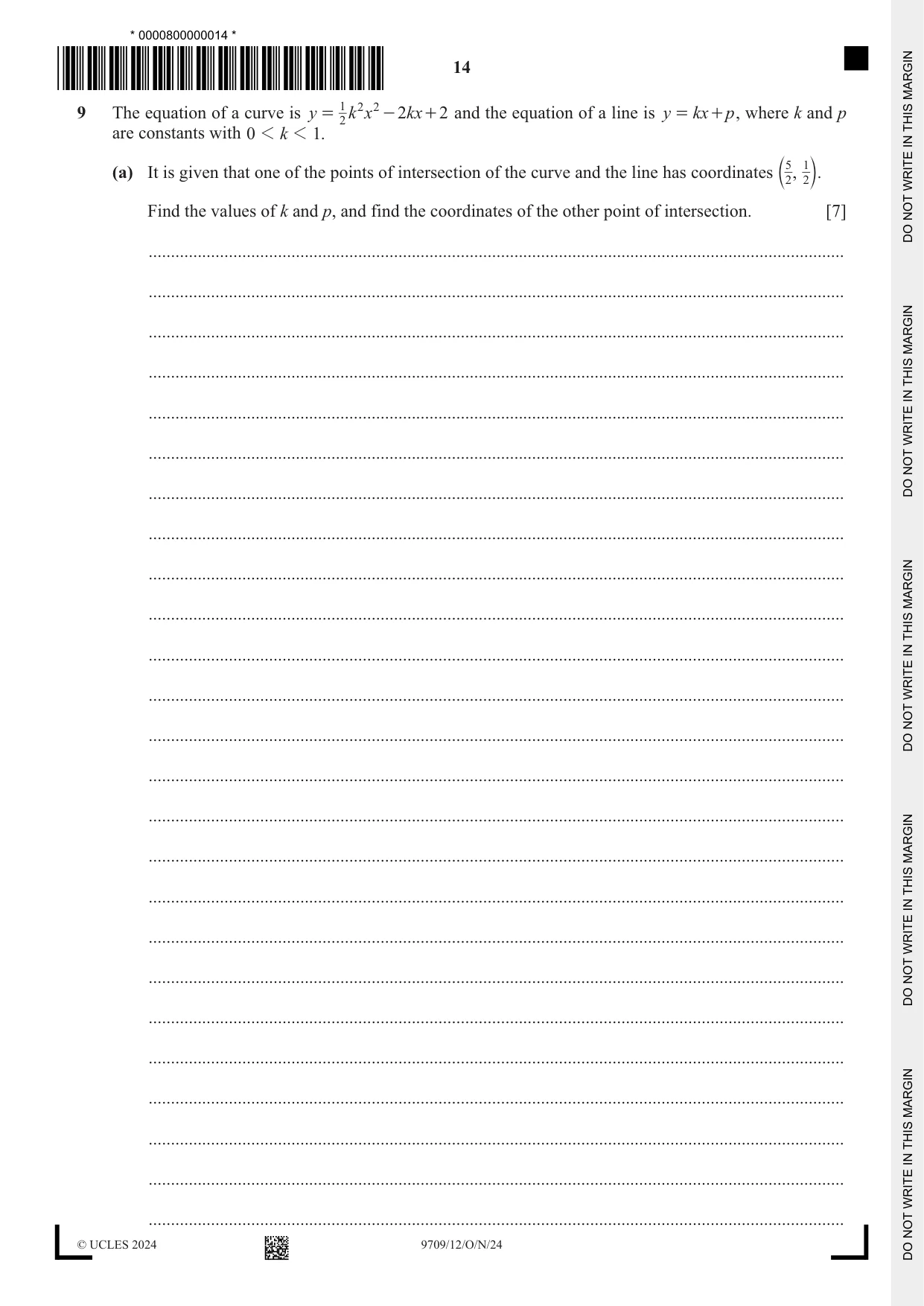 Cambridge A Level Mathematics 9709 2024 Oct/Nov Paper 1 · Variant 2 question paper, page 14 of 20