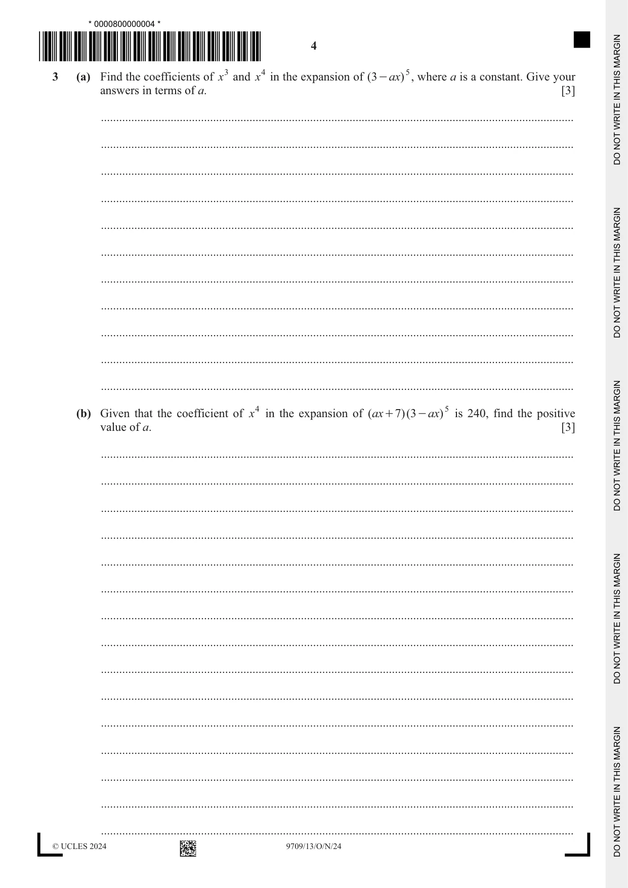 Cambridge A Level Mathematics 9709 2024 Oct/Nov Paper 1 · Variant 3 question paper, page 4 of 20