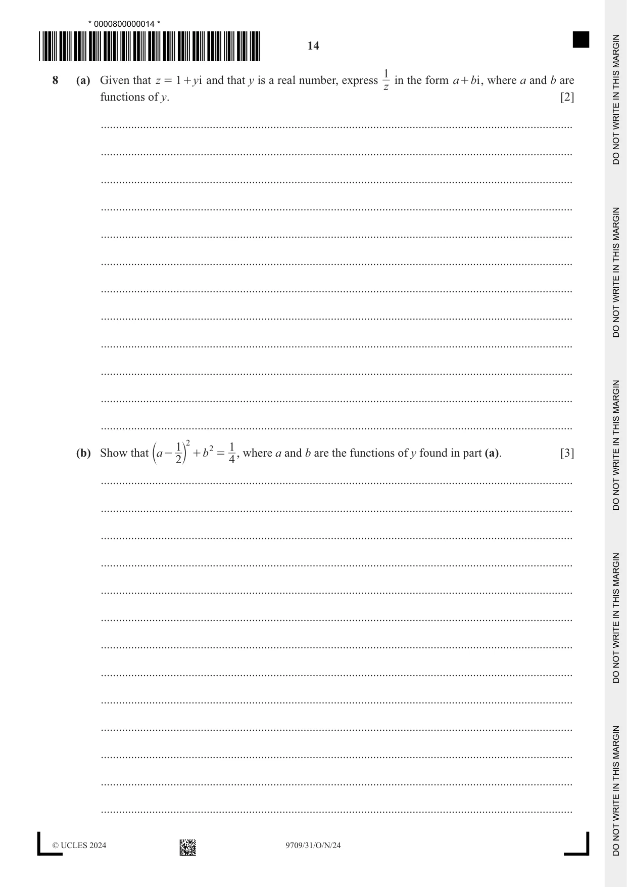 Cambridge A Level Mathematics 9709 2024 Oct/Nov Paper 3 · Variant 1 question paper, page 14 of 20