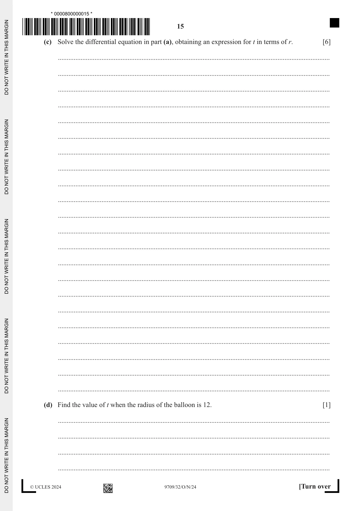 Cambridge A Level Mathematics 9709 2024 Oct/Nov Paper 3 · Variant 2 question paper, page 15 of 20