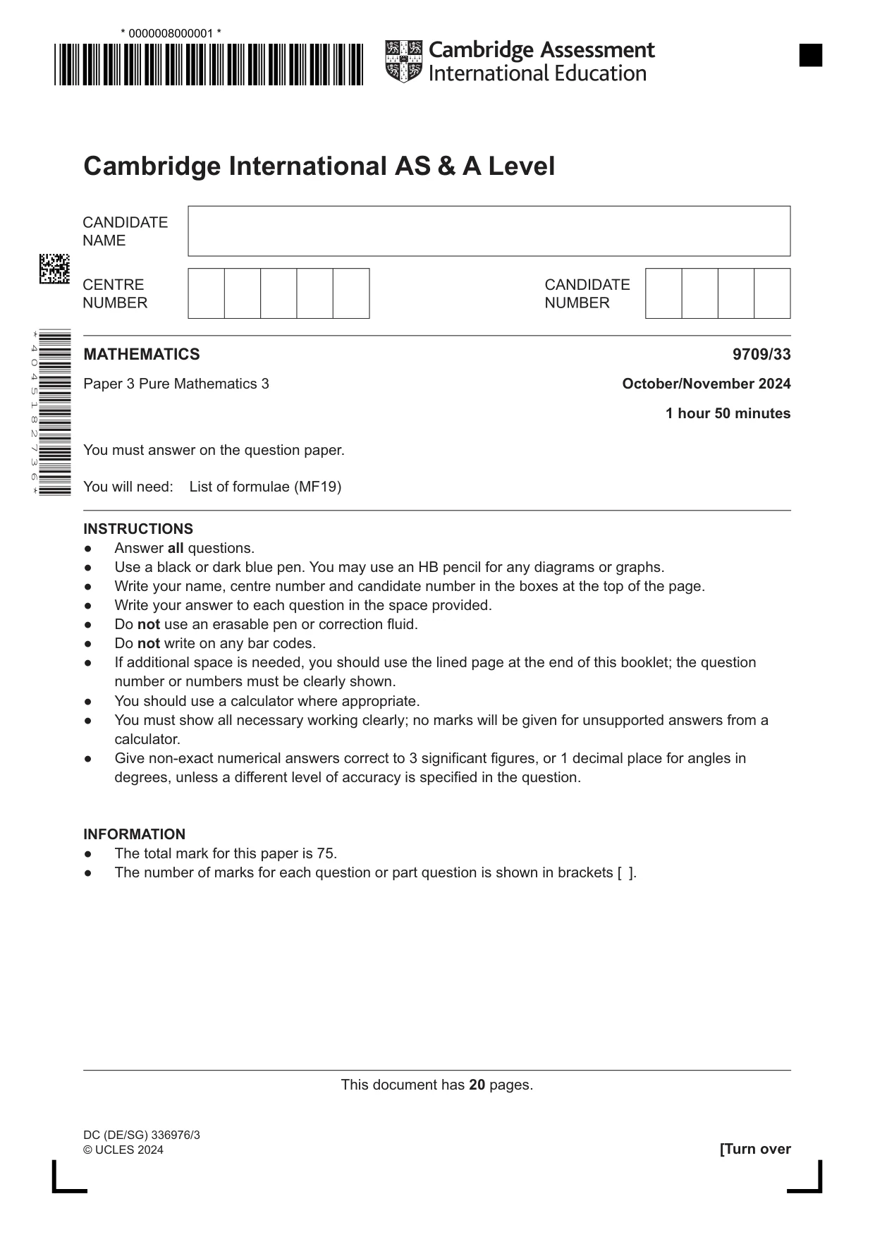Cambridge A Level Mathematics 9709 2024 Oct/Nov Paper 3 · Variant 3 question paper, page 1 of 20