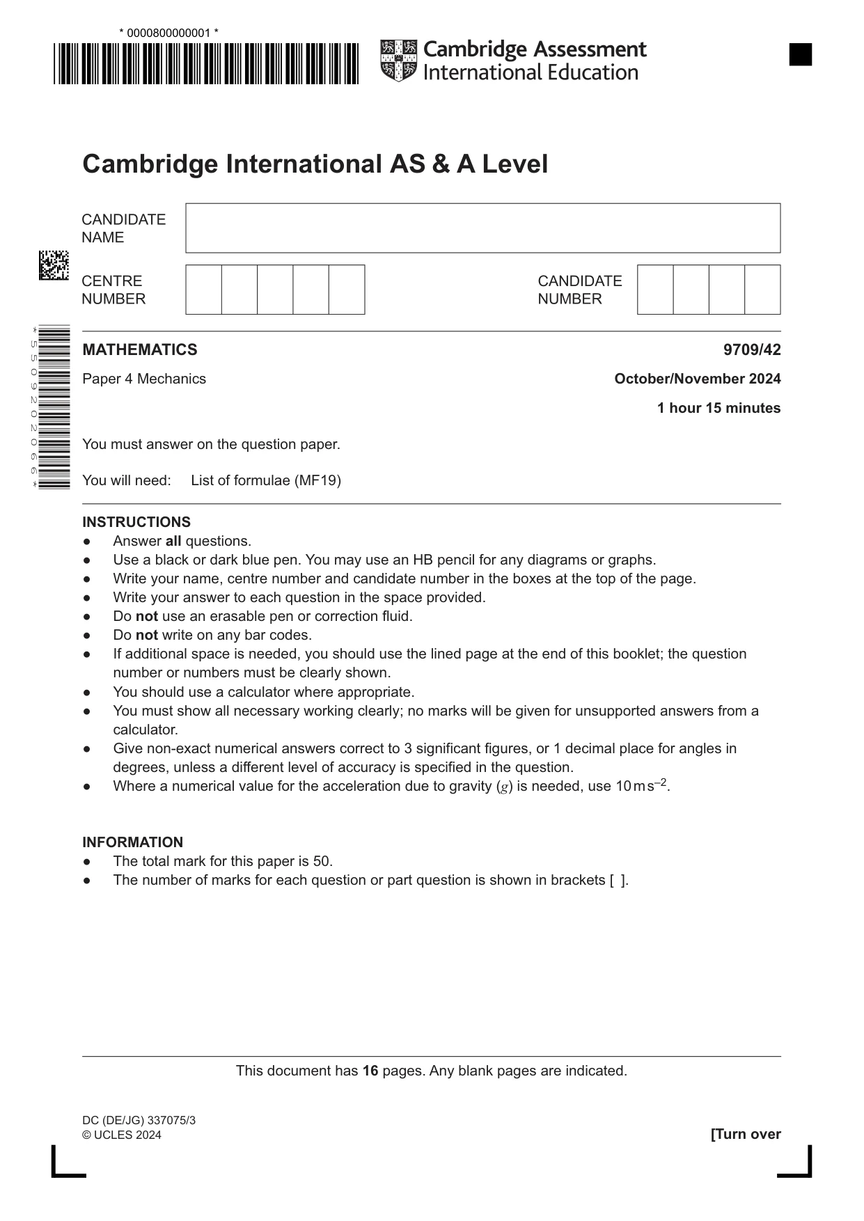 Cambridge A Level Mathematics 9709 2024 Oct/Nov Paper 4 · Variant 2 question paper, page 1 of 16