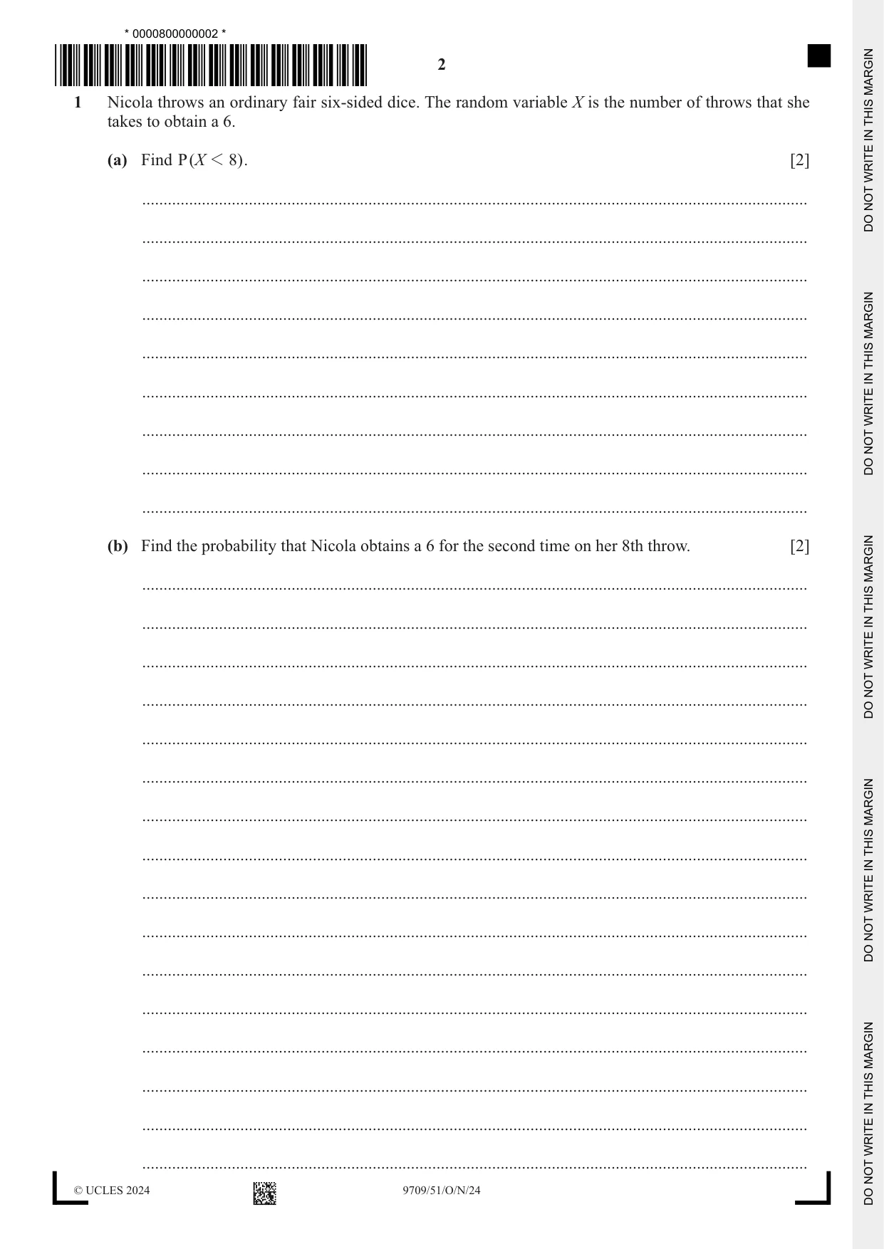 Cambridge A Level Mathematics 9709 2024 Oct/Nov Paper 5 · Variant 1 question paper, page 2 of 16
