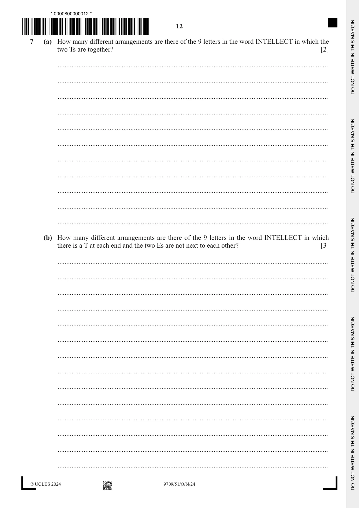 Cambridge A Level Mathematics 9709 2024 Oct/Nov Paper 5 · Variant 1 question paper, page 12 of 16