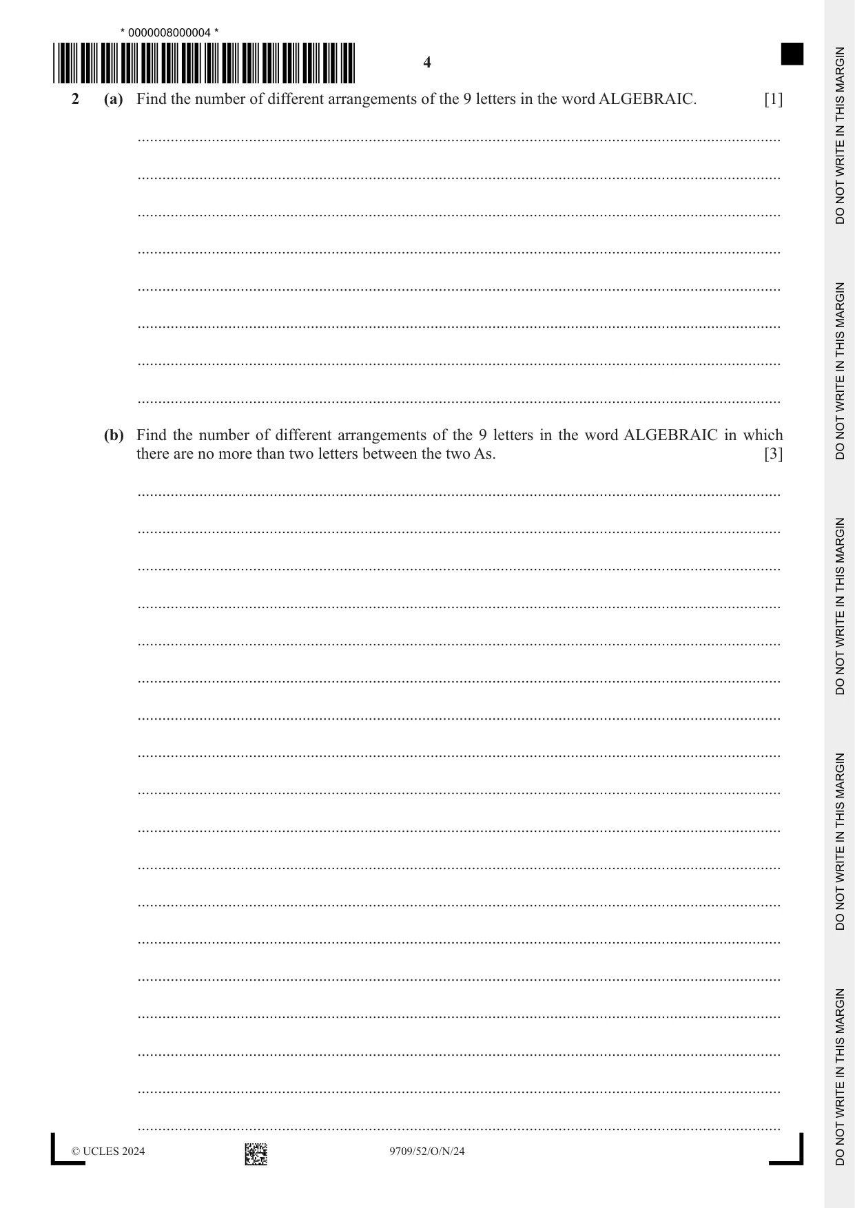 Cambridge A Level Mathematics 9709 2024 Oct/Nov Paper 5 · Variant 2 question paper, page 4 of 12